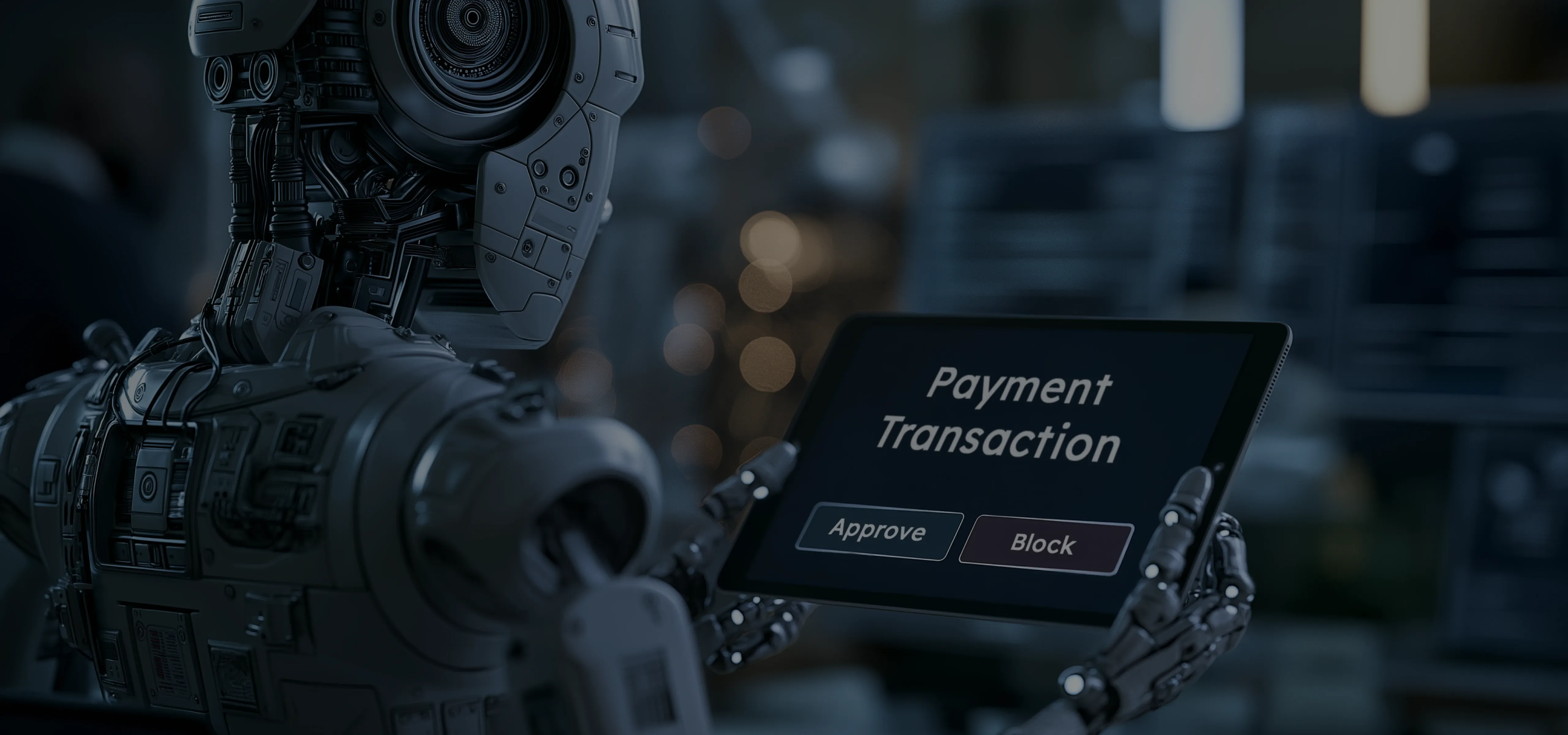 Robot reviewing a transaction on a tablet, illustrating how AI fraud detection systems approve or block payments