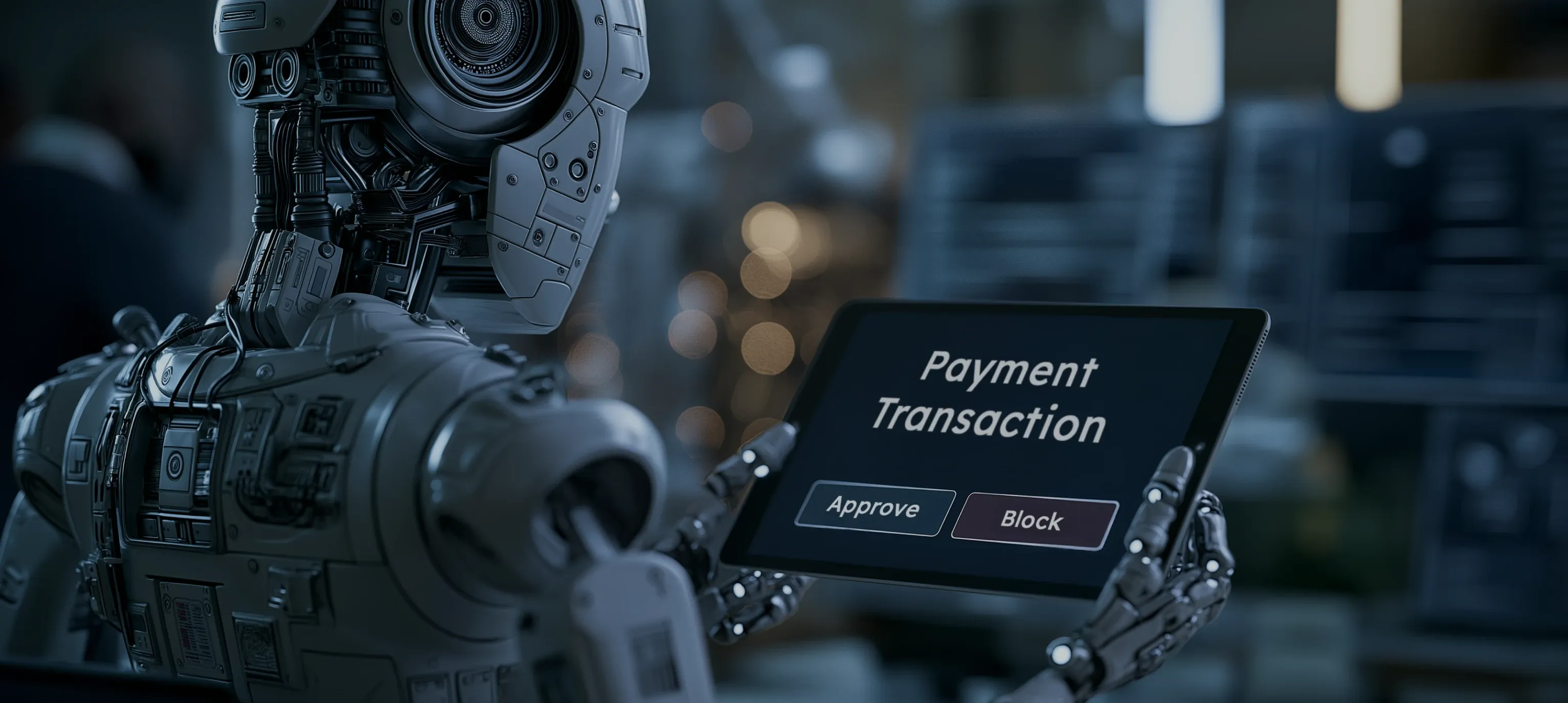 Robot reviewing a transaction on a tablet, illustrating how AI fraud detection systems approve or block payments