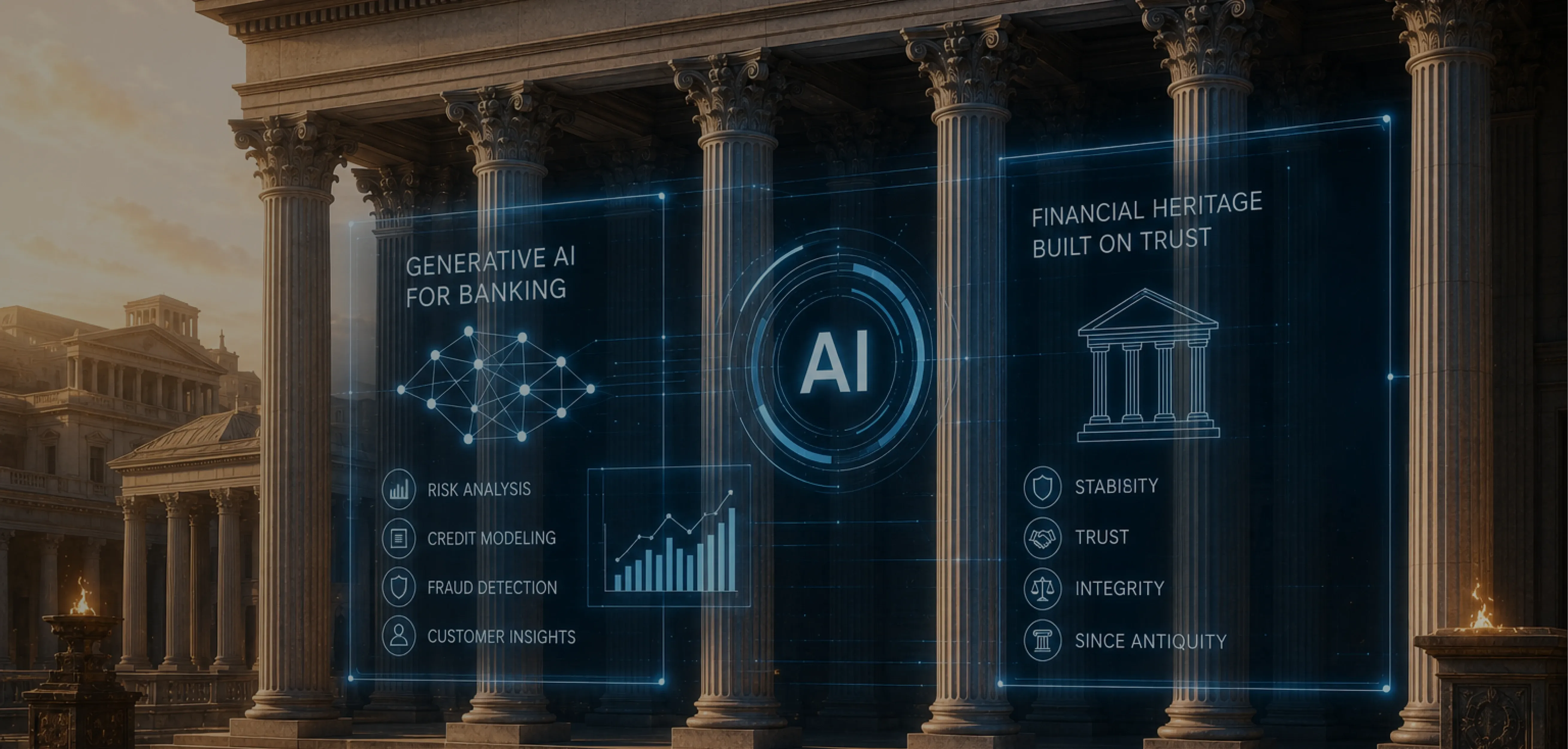 AI-powered treasury management dashboard visualized on the Roman State Treasury (Aerarium Populi Romani), illustrating artificial intelligence in public finance