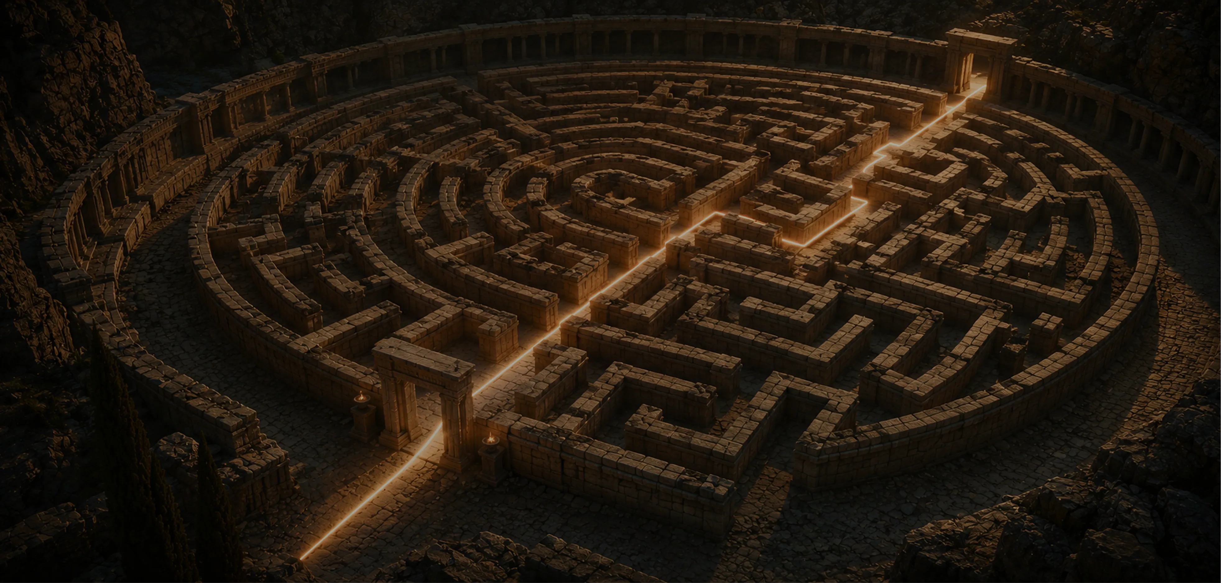 Ancient labyrinth with a glowing path, symbolizing AI ecommerce personalization, recommendations and search in 2026