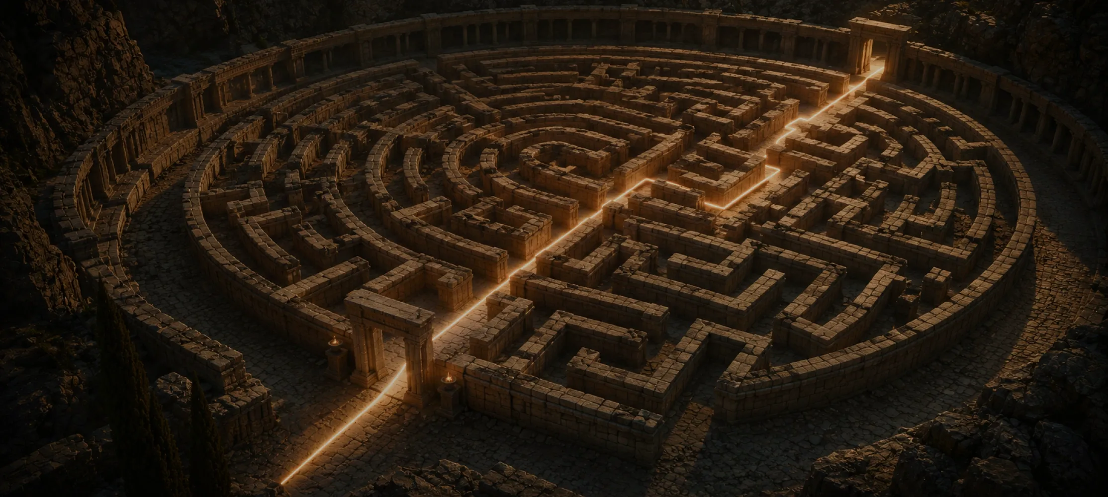 Ancient labyrinth with a glowing path, symbolizing AI ecommerce personalization, recommendations and search in 2026
