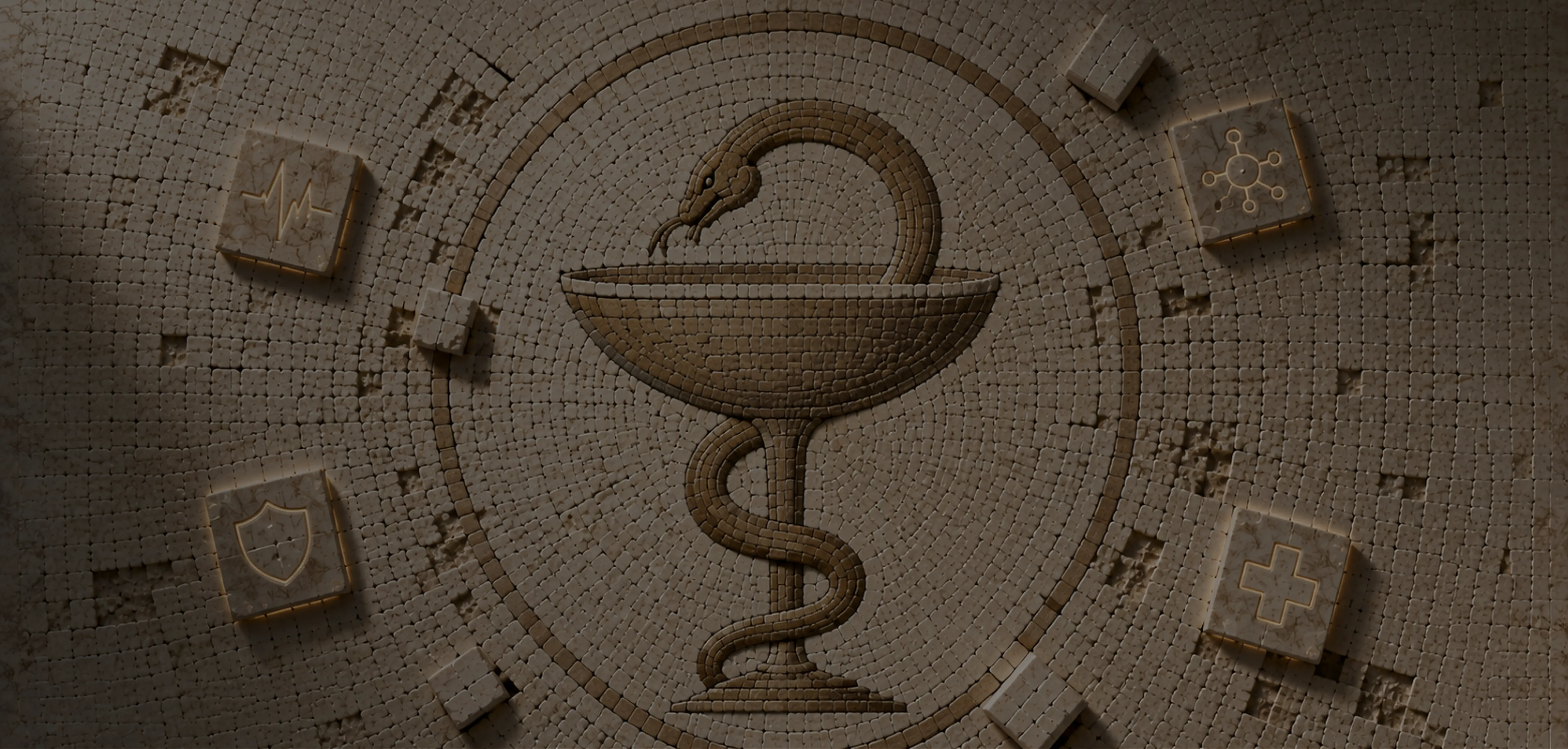  Marble mosaic of tiles forming the Rod of Asclepius – digital transformation in healthcare as separate systems becoming one connected stack.