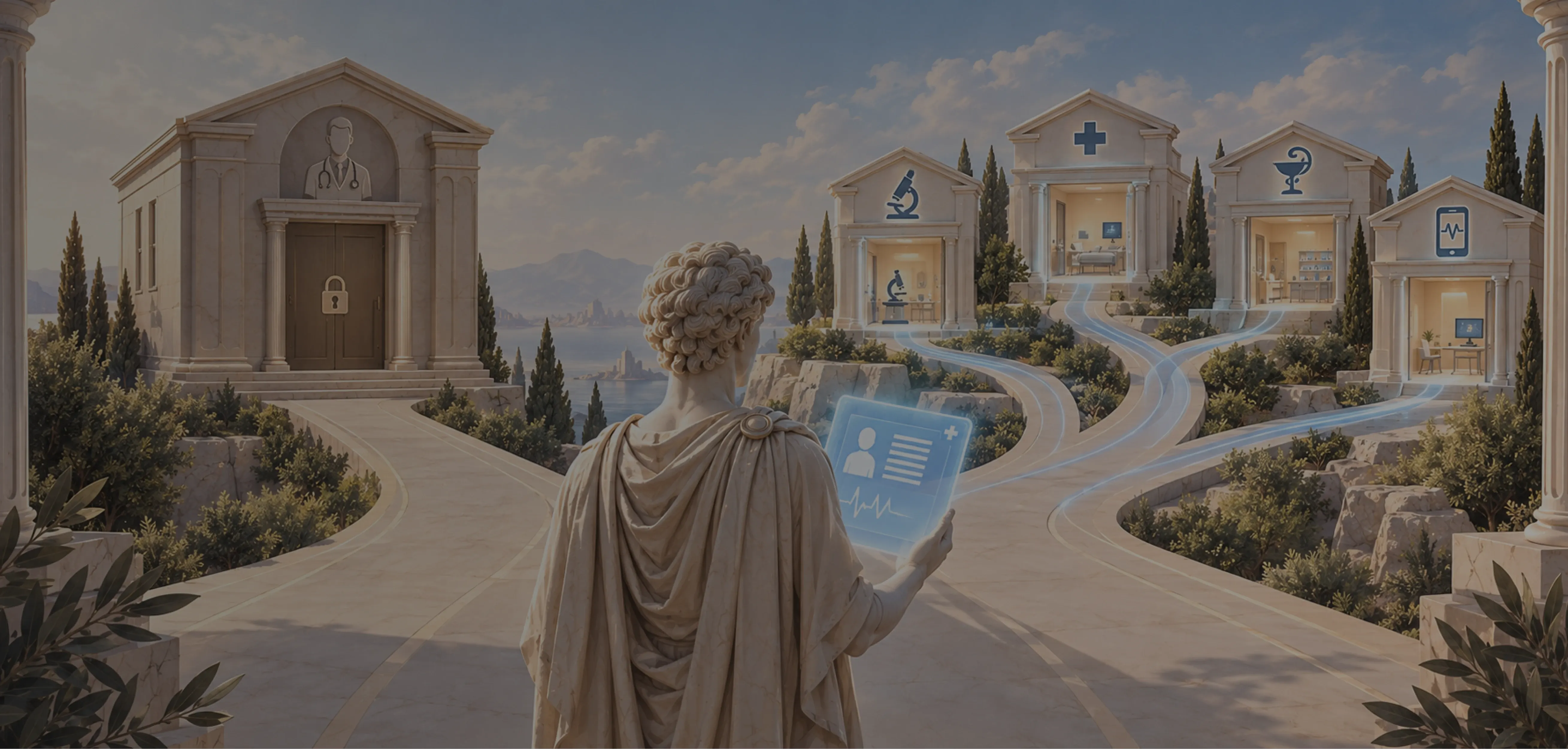 EMR vs EHR illustrated: a Greek statue holds a patient chart at a fork, one road leading to a single clinic, the other to labs, pharmacy and patient