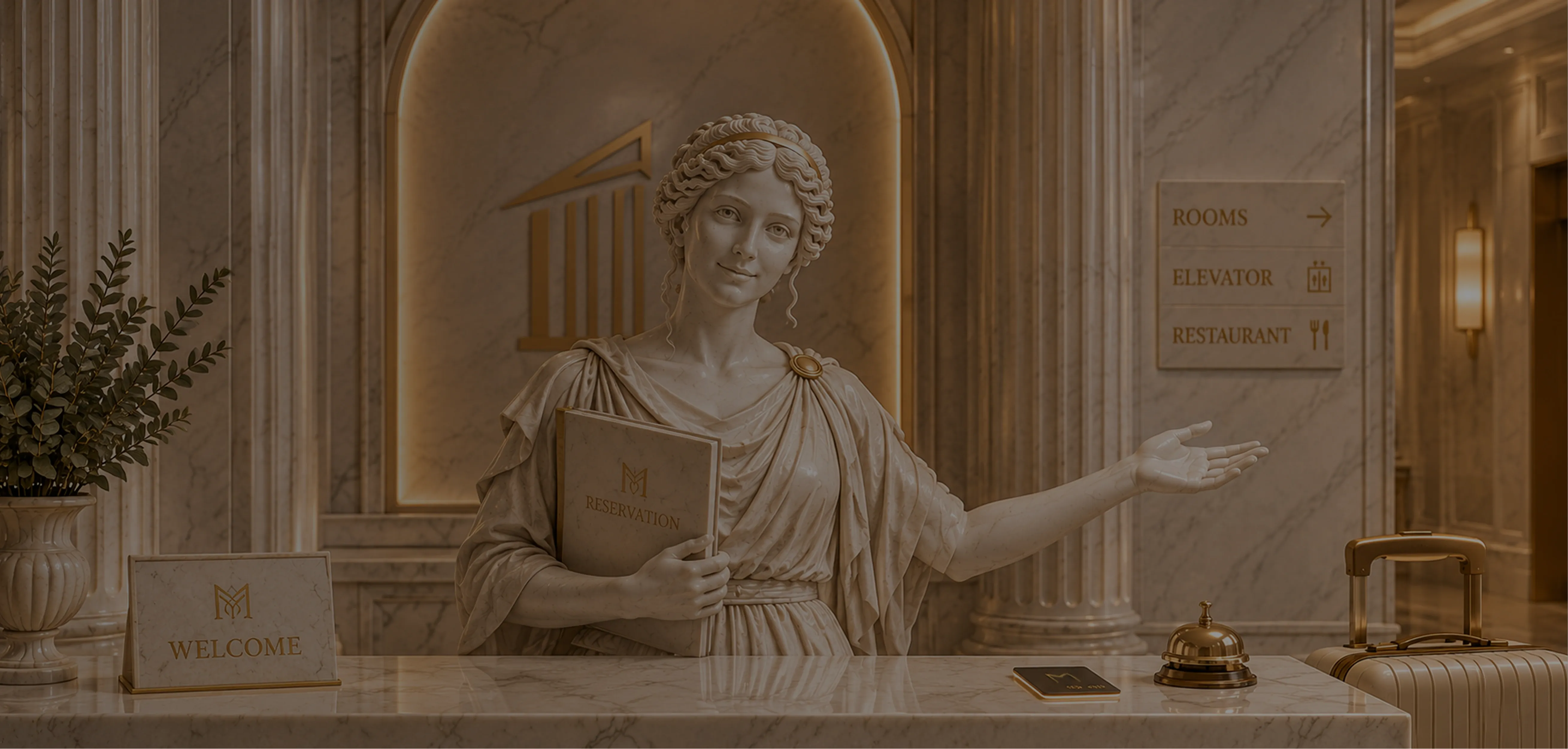  Ancient Greek innkeeper statue holding a digital key card, symbolizing a modern hotel reservation system