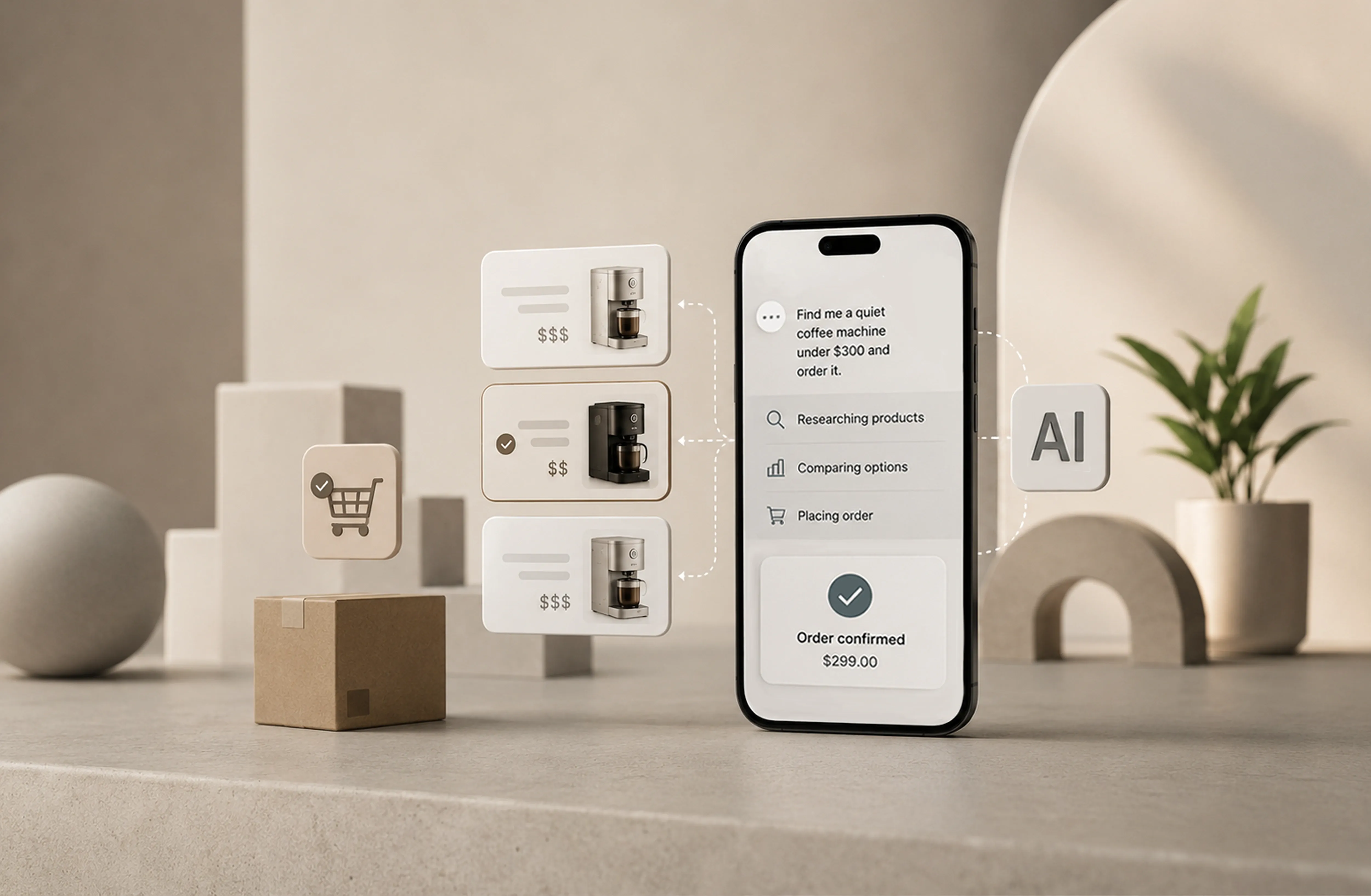 Two phone screens illustrating agentic commerce – on the first a user sends an AI agent a prompt to buy a product, on the second a notification confirms the payment succeeded and the order was placed. Two phone screens illustrating agentic commerce – on the first a user sends an AI agent a prompt to buy a product, on the second a notification confirms the payment succeeded and the order was placed.