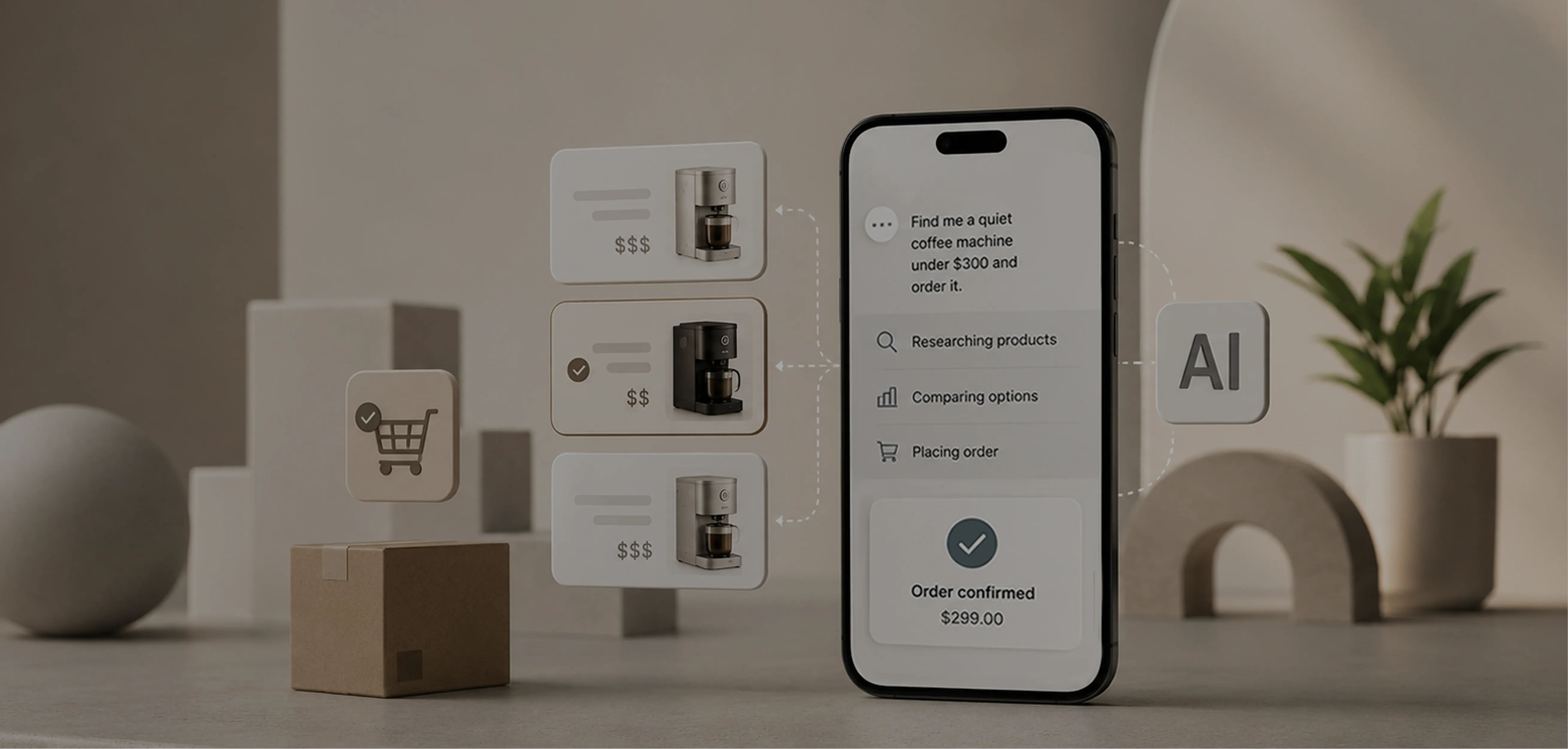 Agentic commerce: How AI agents will reshape online shopping Two phone screens illustrating agentic commerce – on the first a user sends an AI agent a prompt to buy a product, on the second a notification confirms the payment succeeded and the order was placed.