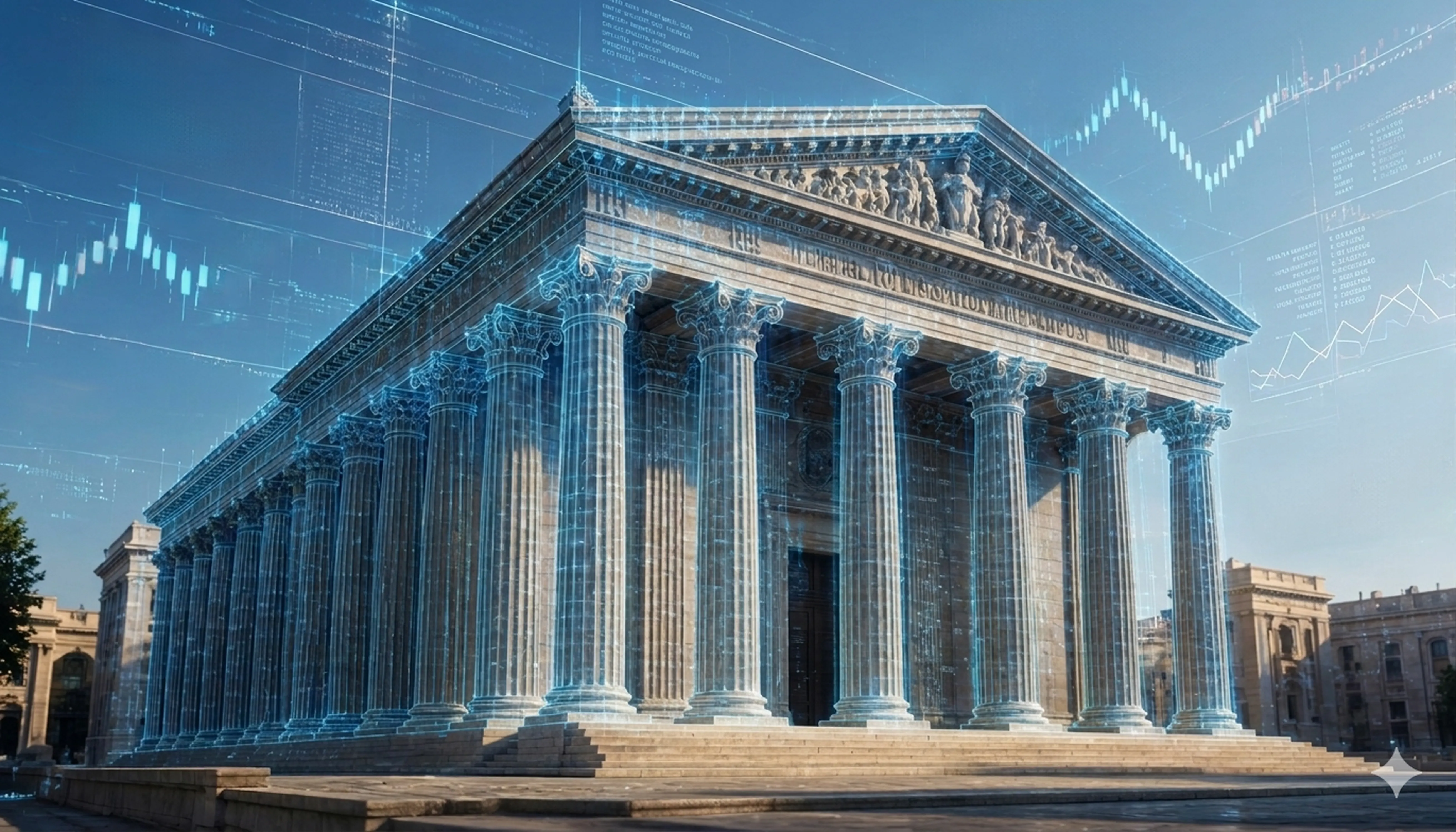 AI-powered fintech infrastructure as a Greek temple with digital layers Greek temple with digital layers symbolizing AI-driven fintech systems