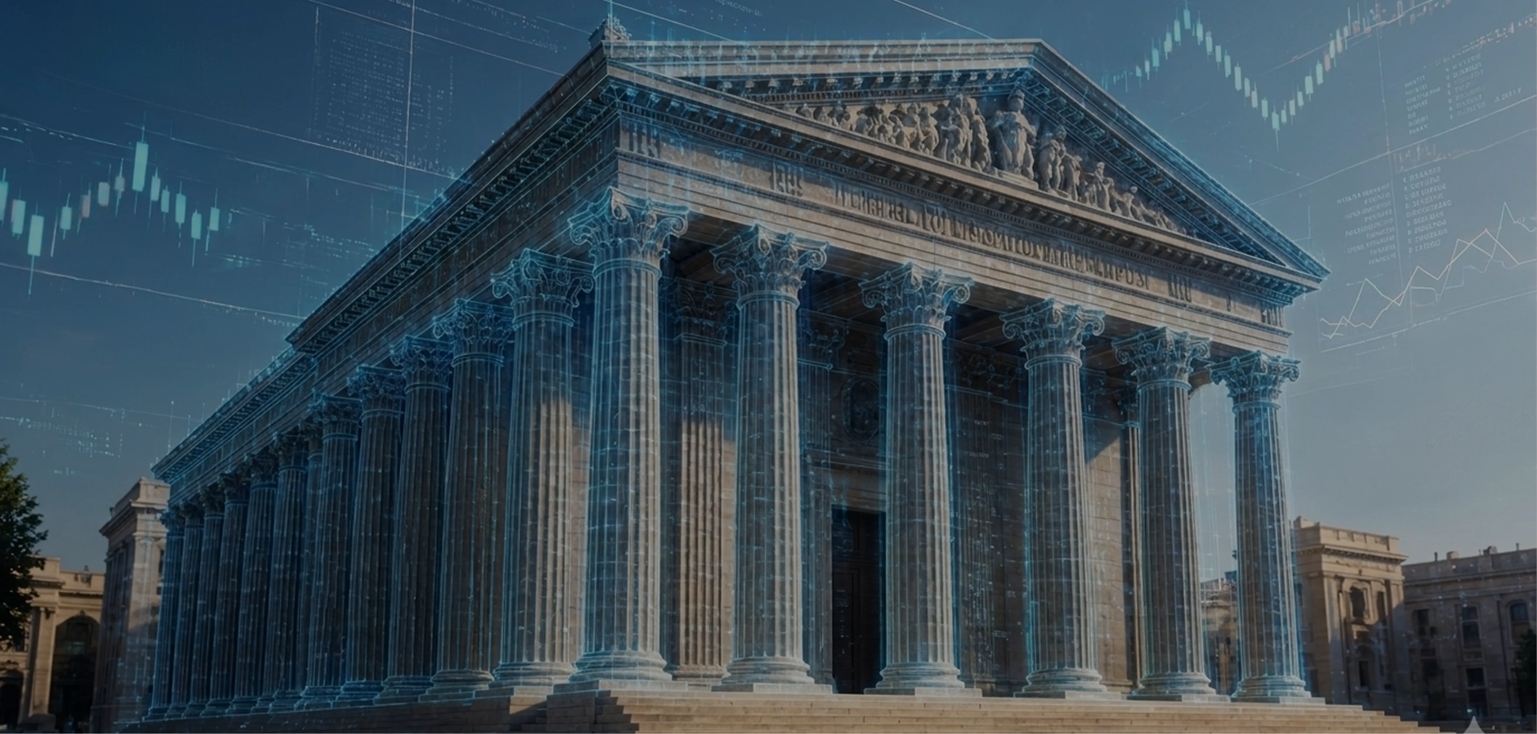 AI-powered fintech infrastructure as a Greek temple with digital layers Greek temple with digital layers symbolizing AI-driven fintech systems