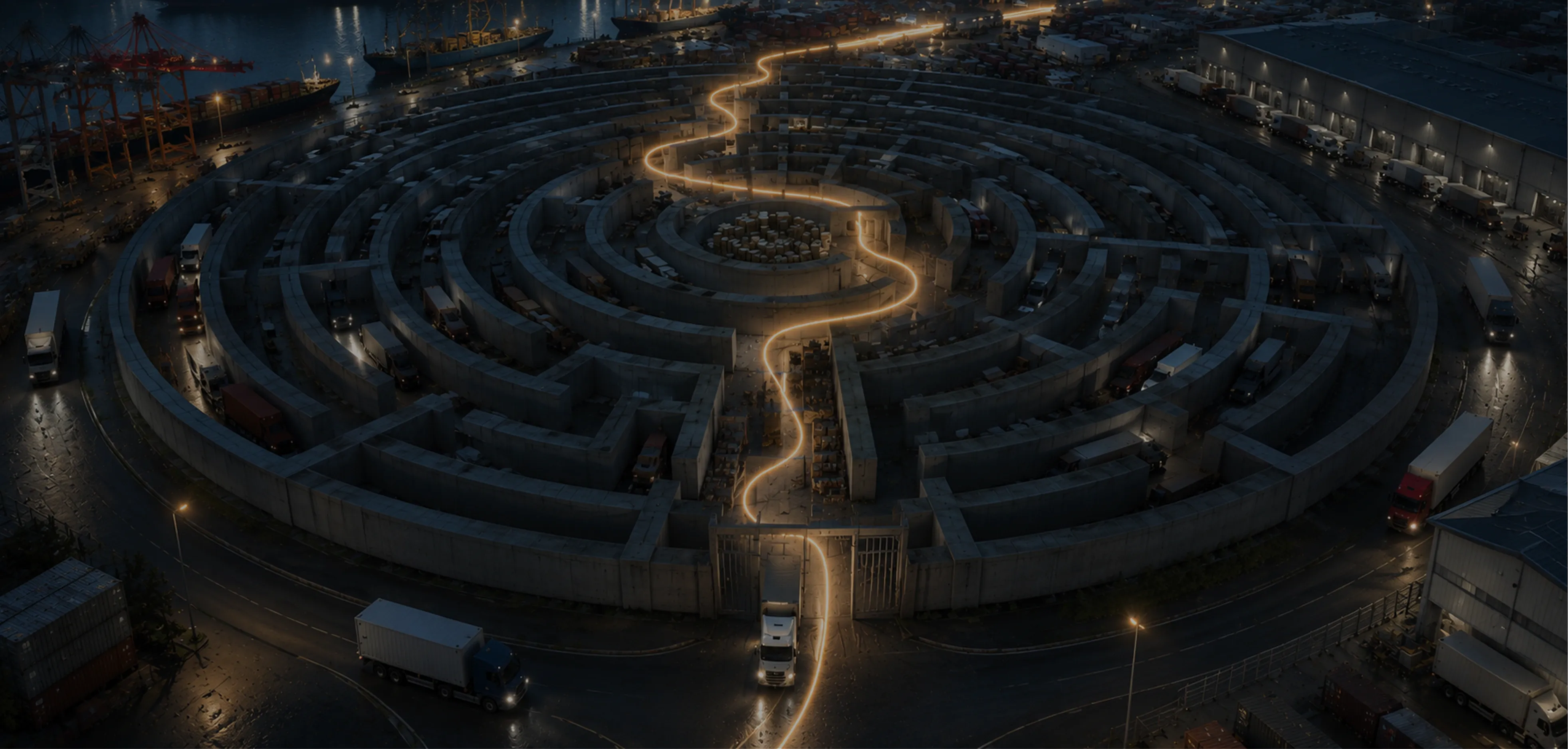 Artificial intelligence in logistics: smarter routes, lower costs Ancient Greek labyrinth with AI‑guided logistics routes