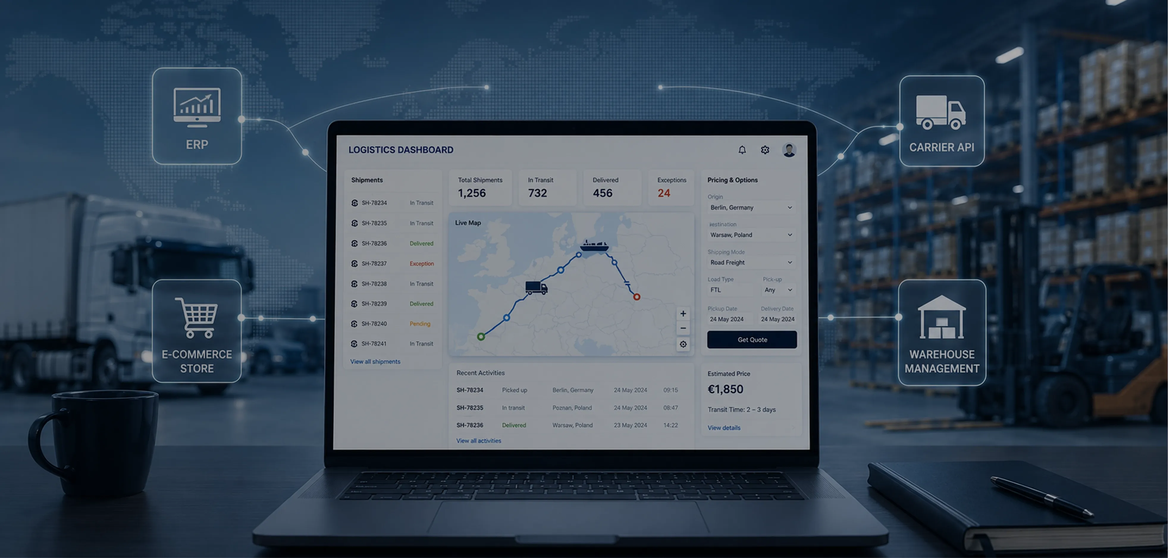 Transportation logistics software dashboard Transportation logistics software dashboard with freight routes, shipment tracking and system integrations