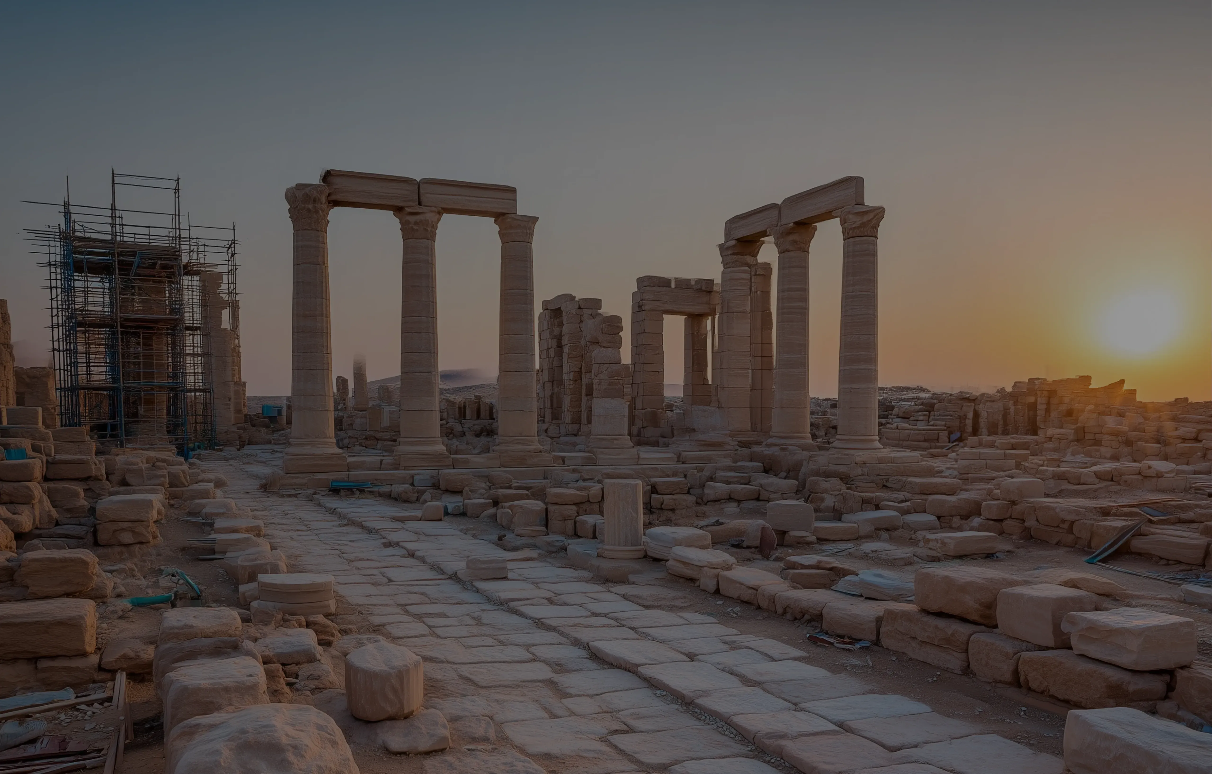 Unfinished temple at sunset – tech startup challenges illustration A partially built ancient temple at sunset, with standing and fallen columns, scaffolding, and abandoned tools – symbolizing tech startups that stall without the right architecture and team in place.
