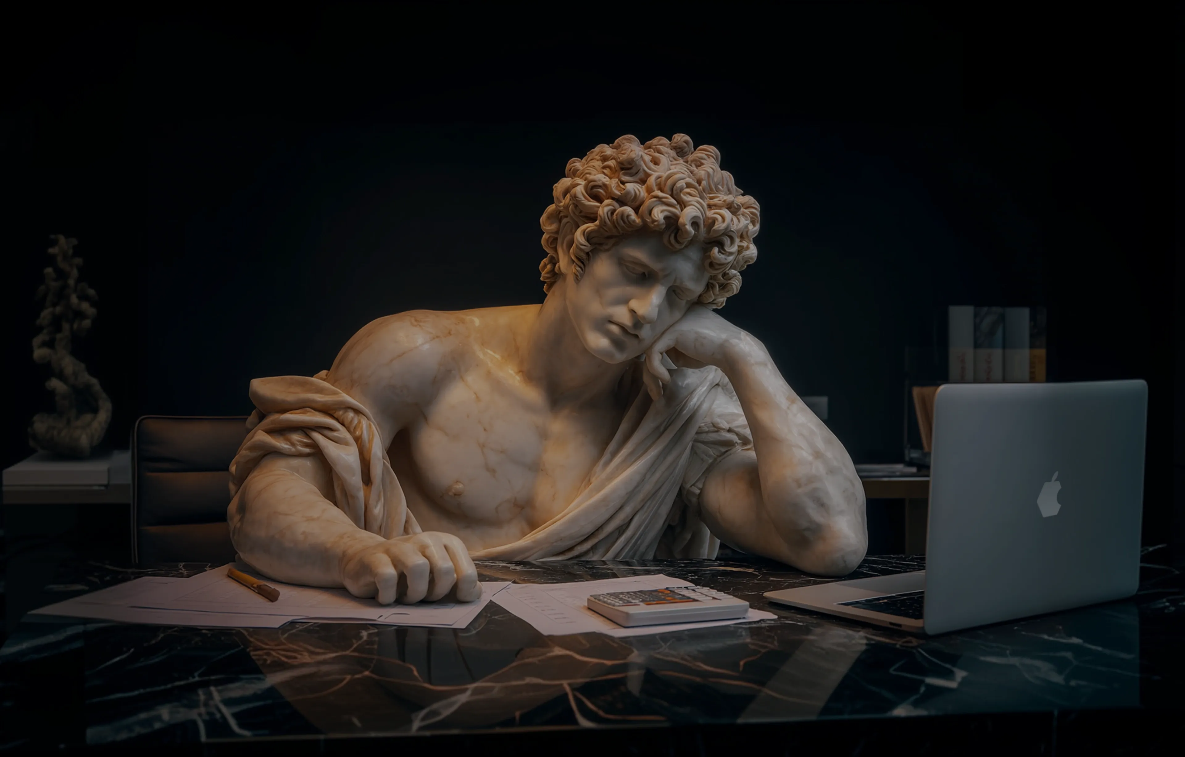 A male Greek statue is considering custom software development cost in 2026 A male Greek statue calculates custom software development cost