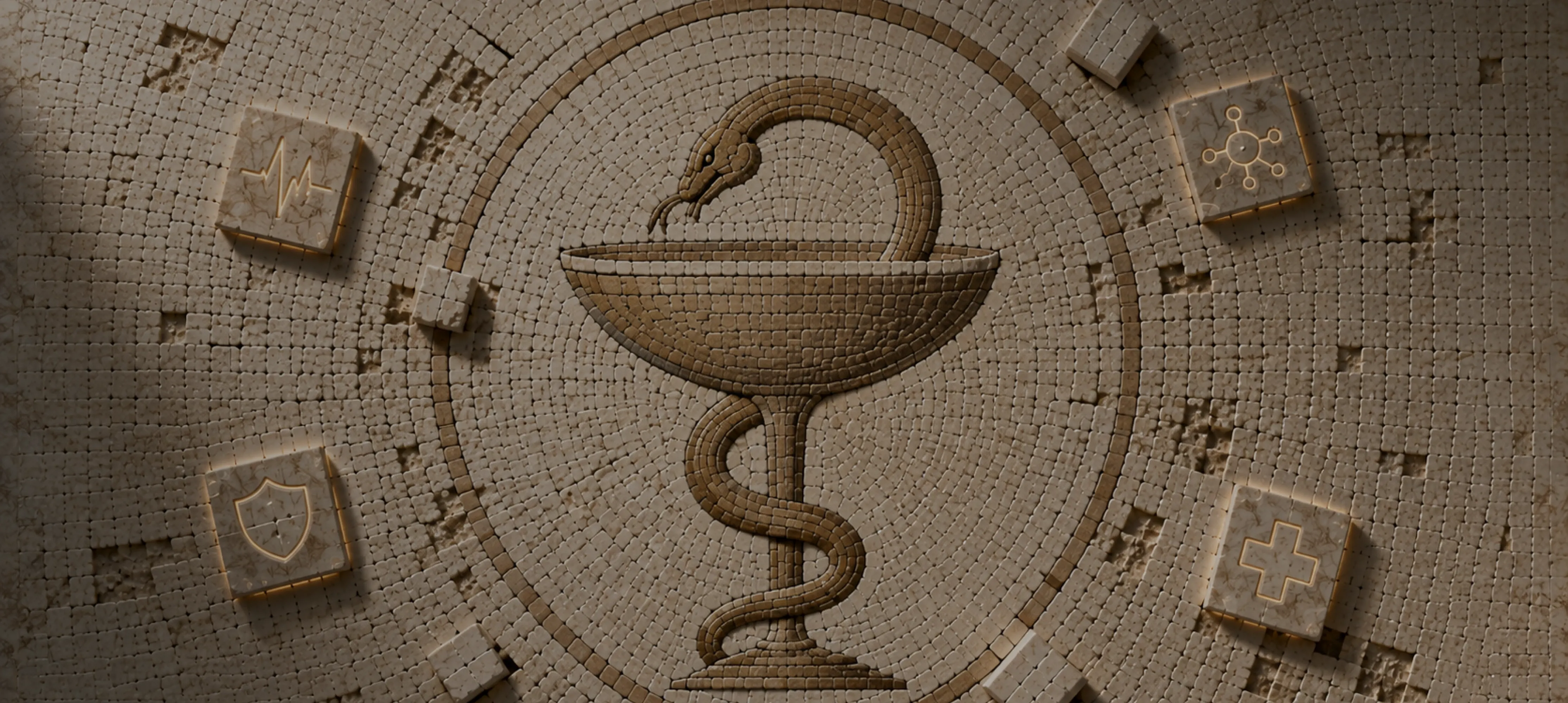 Marble mosaic of tiles forming the Rod of Asclepius – digital transformation in healthcare as separate systems becoming one connected stack. Marble mosaic of tiles forming the Rod of Asclepius – digital transformation in healthcare as separate systems becoming one connected stack.