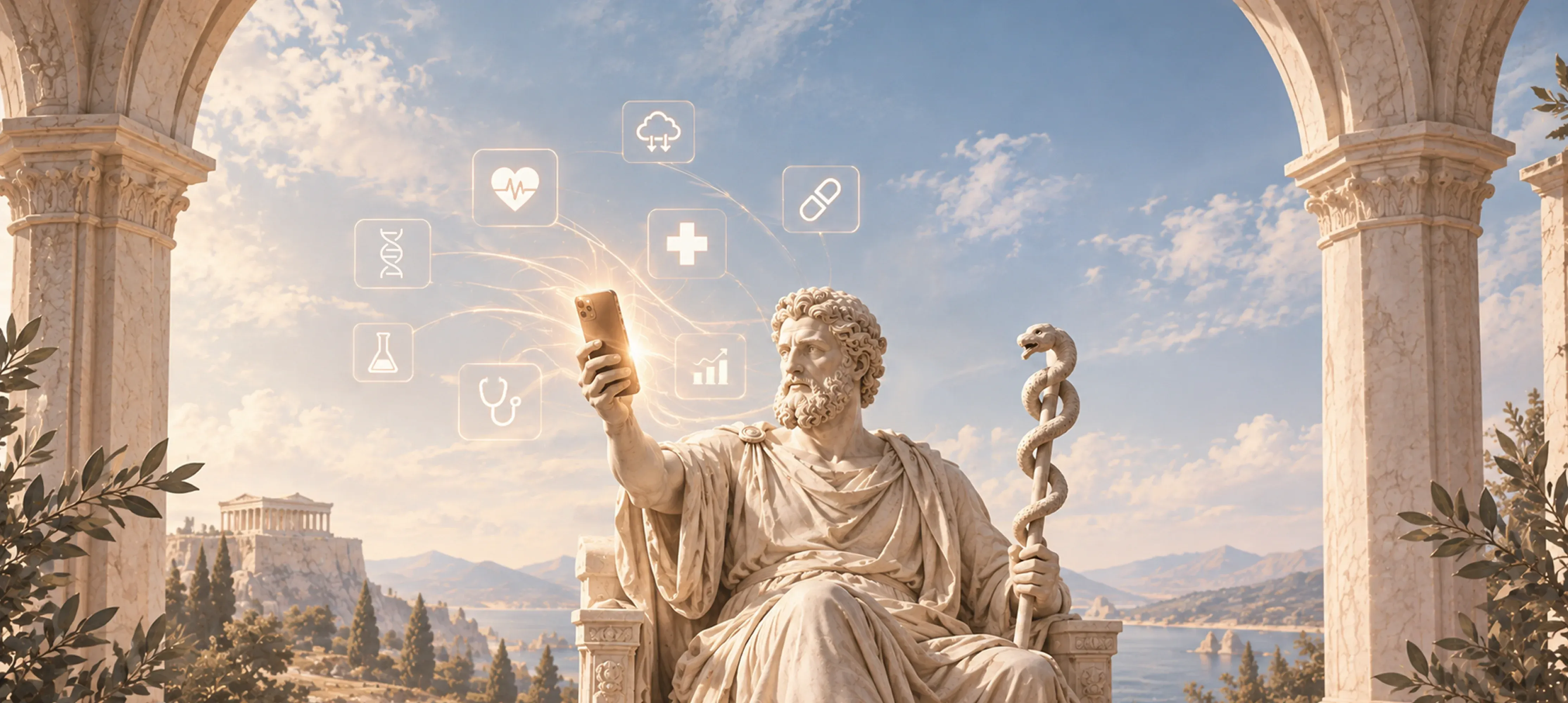 Marble statue of Asclepius holding a glowing smartphone among healthtech icons, for AI in healthcare news 2026 Marble statue of Asclepius holding a glowing smartphone among healthtech icons, for AI in healthcare news 2026