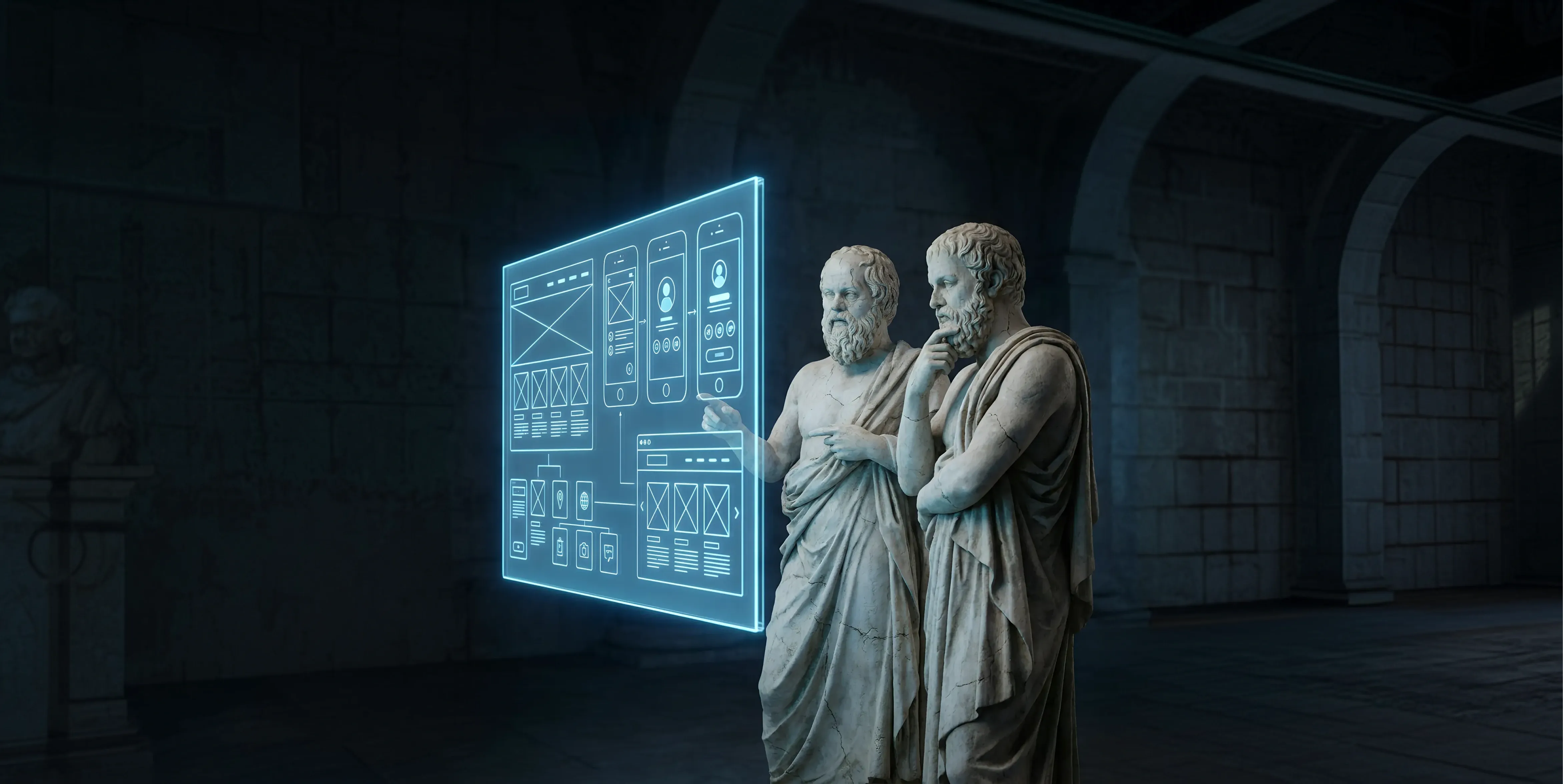Two marble Roman statues reviewing UI/UX design services for B2B companies Two ancient marble Roman statues standing before a glowing monitor displaying wireframe UI/UX dashboard prototypes, as if reviewing and discussing the design – illustrating UI/UX design services for B2B companies.