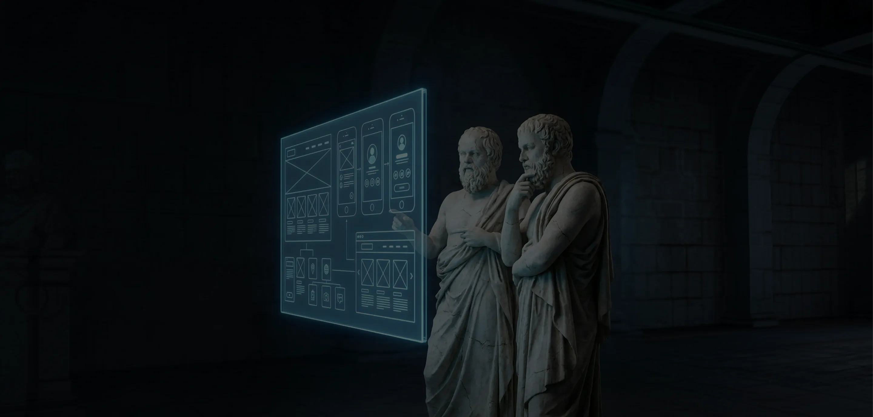 Two marble Roman statues reviewing UI/UX design services for B2B companies Two ancient marble Roman statues standing before a glowing monitor displaying wireframe UI/UX dashboard prototypes, as if reviewing and discussing the design – illustrating UI/UX design services for B2B companies.