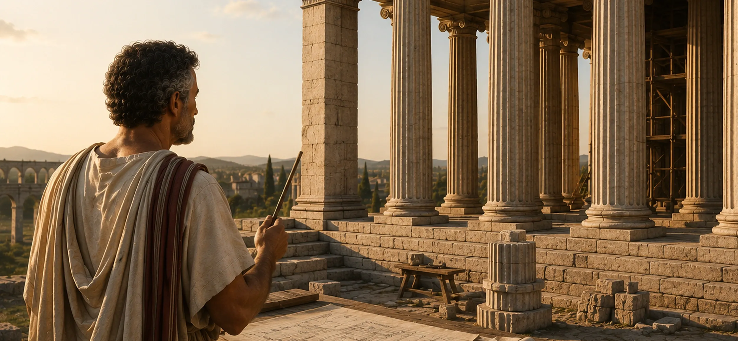 A Roman architect assembling independent stone column modules into a temple structure, illustrating how composable commerce architecture connects best-of-breed modules via APIs – each independently replaceable without disrupting the whole system. A Roman architect assembling independent stone column modules into a temple structure, illustrating how composable commerce architecture connects best-of-breed modules via APIs – each independently replaceable without disrupting the whole system.