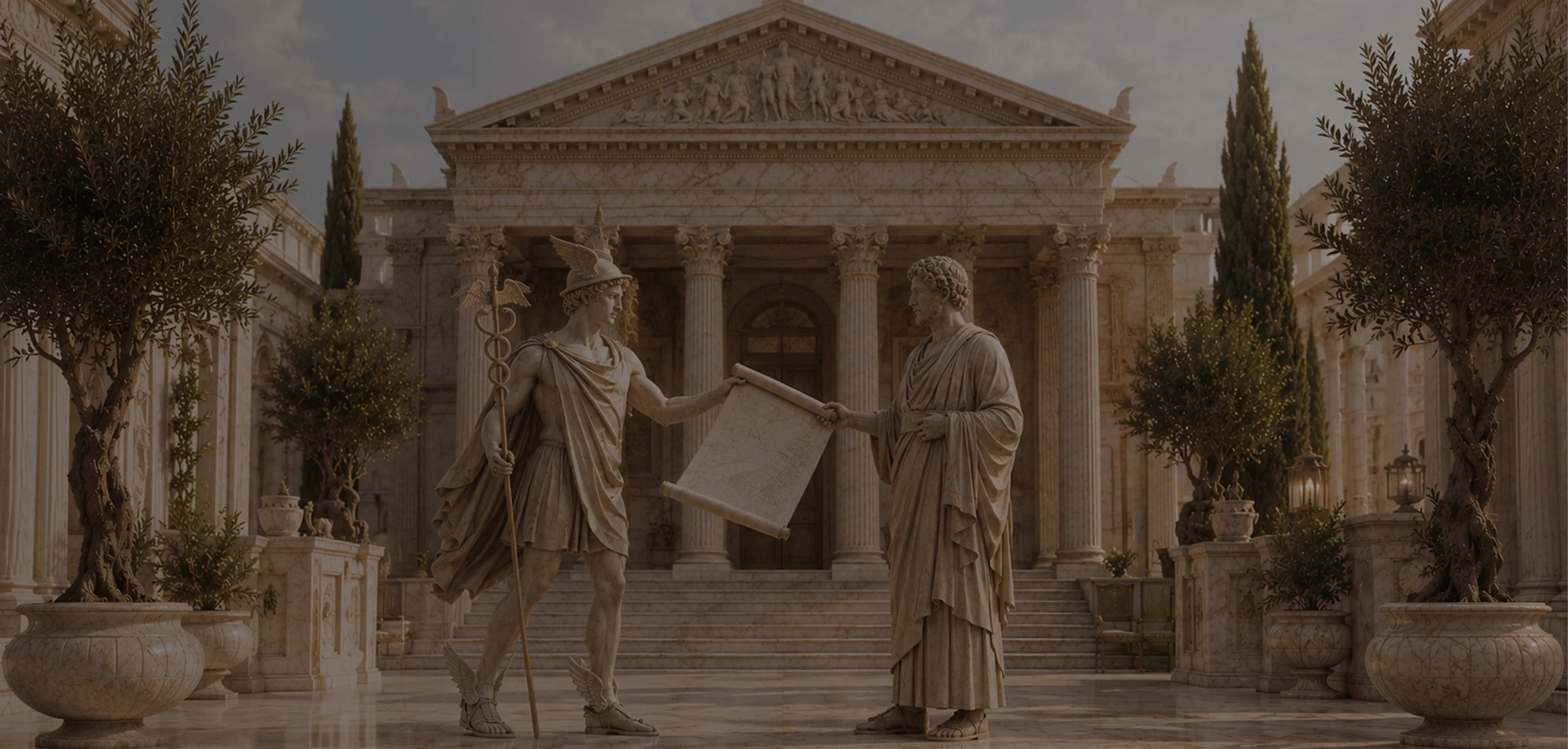 Marble Hermes handing a roadmap scroll to an innkeeper at a portico Ancient Greek marble scene of Hermes giving a route-map scroll to an inn host, illustrating IT consulting for hospitality