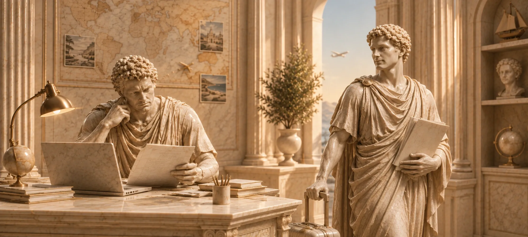 Custom travel solutions in action: one manager assembles a trip from scattered systems, the other is already packed and ready to leave Custom travel solutions in action: one manager assembles a trip from scattered systems, the other is already packed and ready to leave