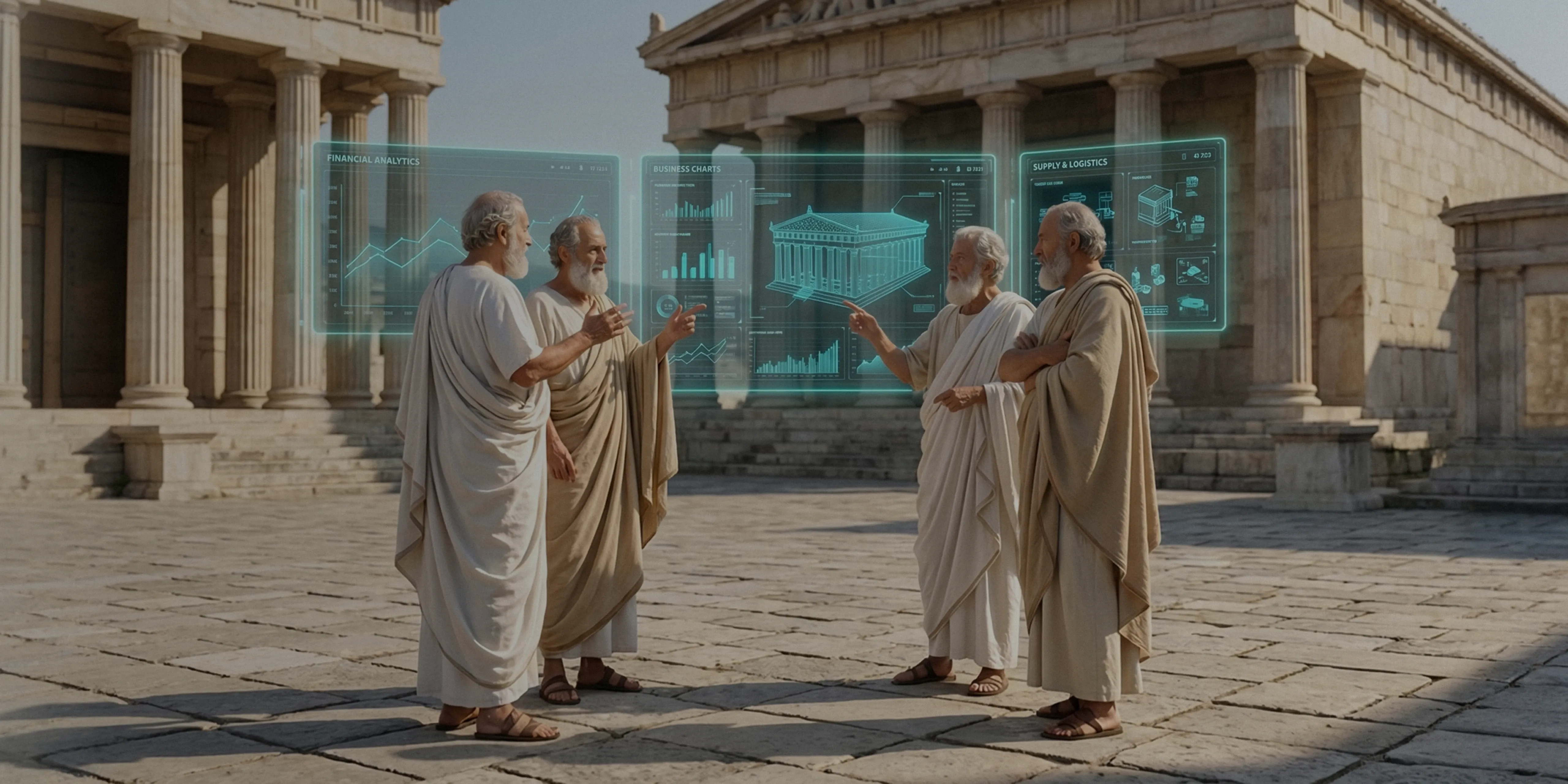 Digital transformation consulting for SMBs article's banner Ancient Roman forum blending classical architecture with futuristic digital interfaces, illustrating business digital transformation