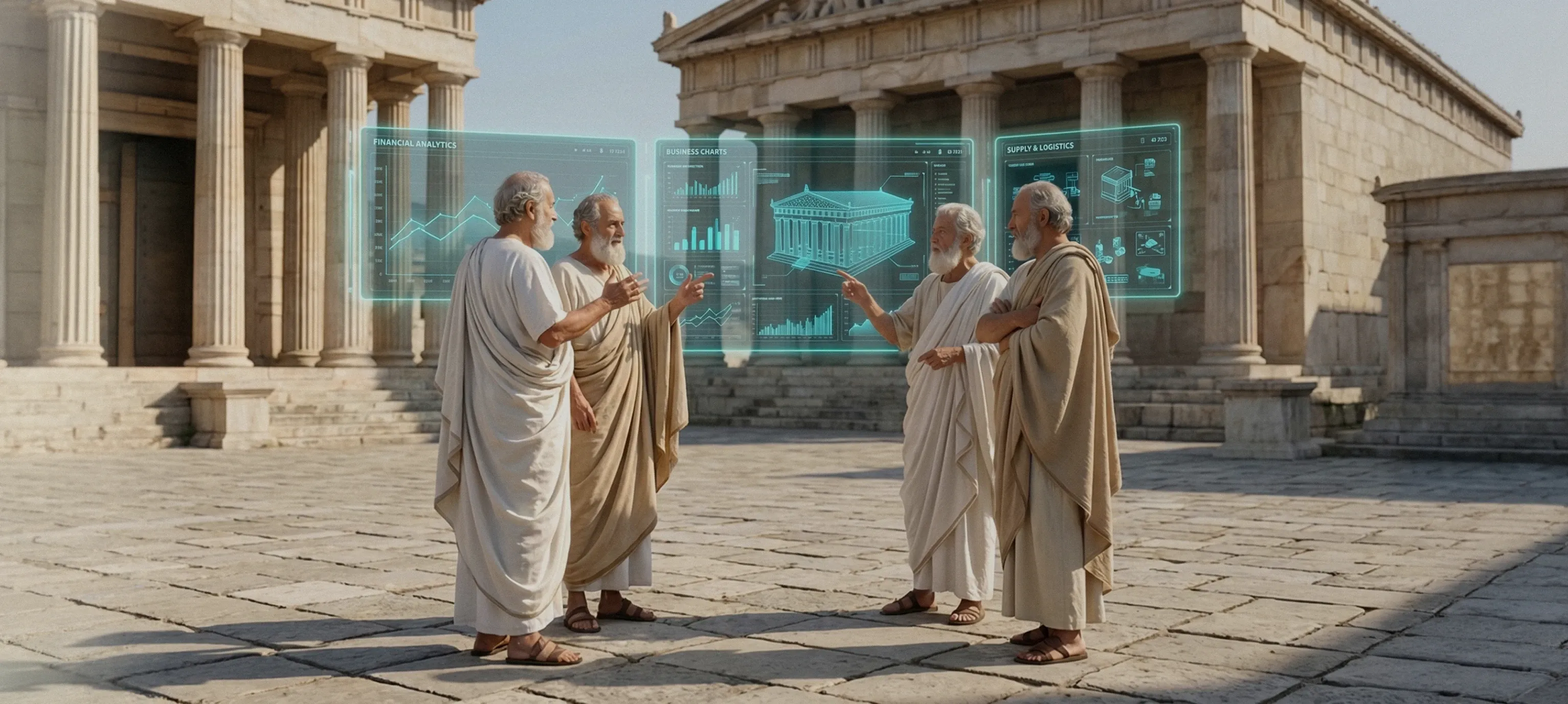 Digital transformation consulting for SMBs article's banner Ancient Roman forum blending classical architecture with futuristic digital interfaces, illustrating business digital transformation