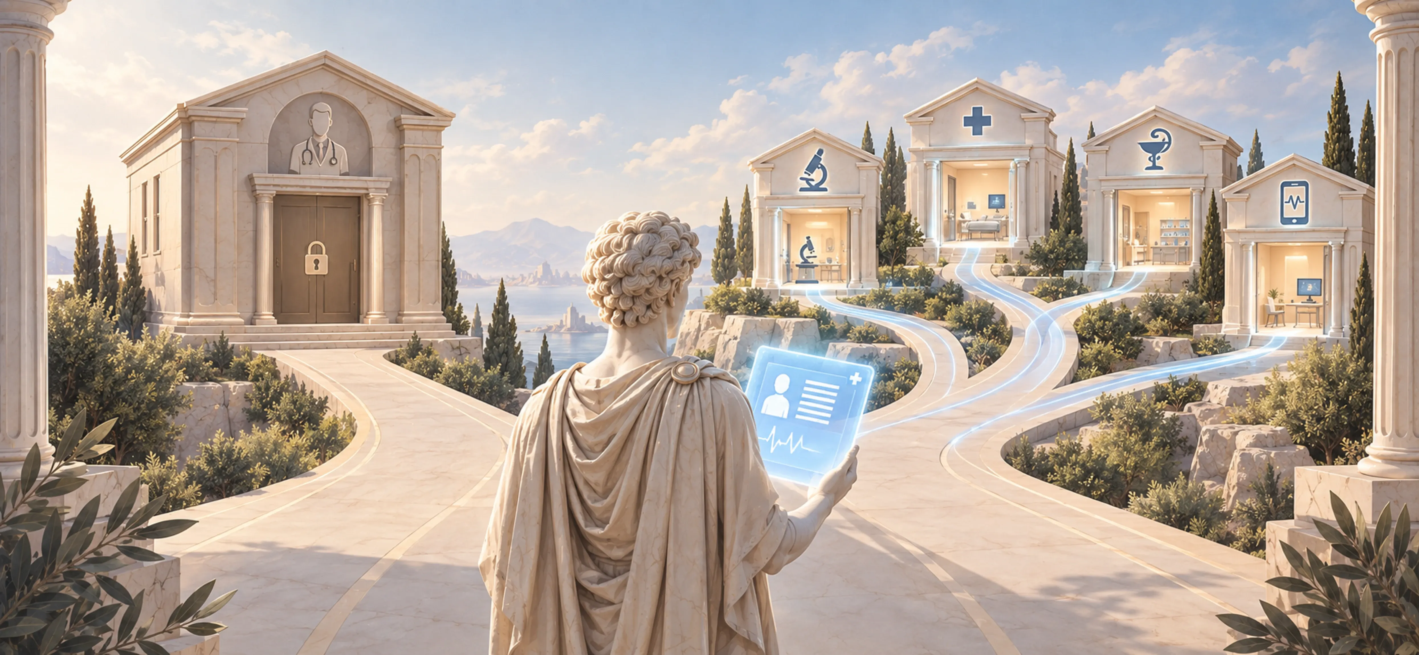 EMR vs EHR illustrated: a Greek statue holds a patient chart at a fork, one road leading to a single clinic, the other to labs, pharmacy and patient EMR vs EHR illustrated: a Greek statue holds a patient chart at a fork, one road leading to a single clinic, the other to labs, pharmacy and patient