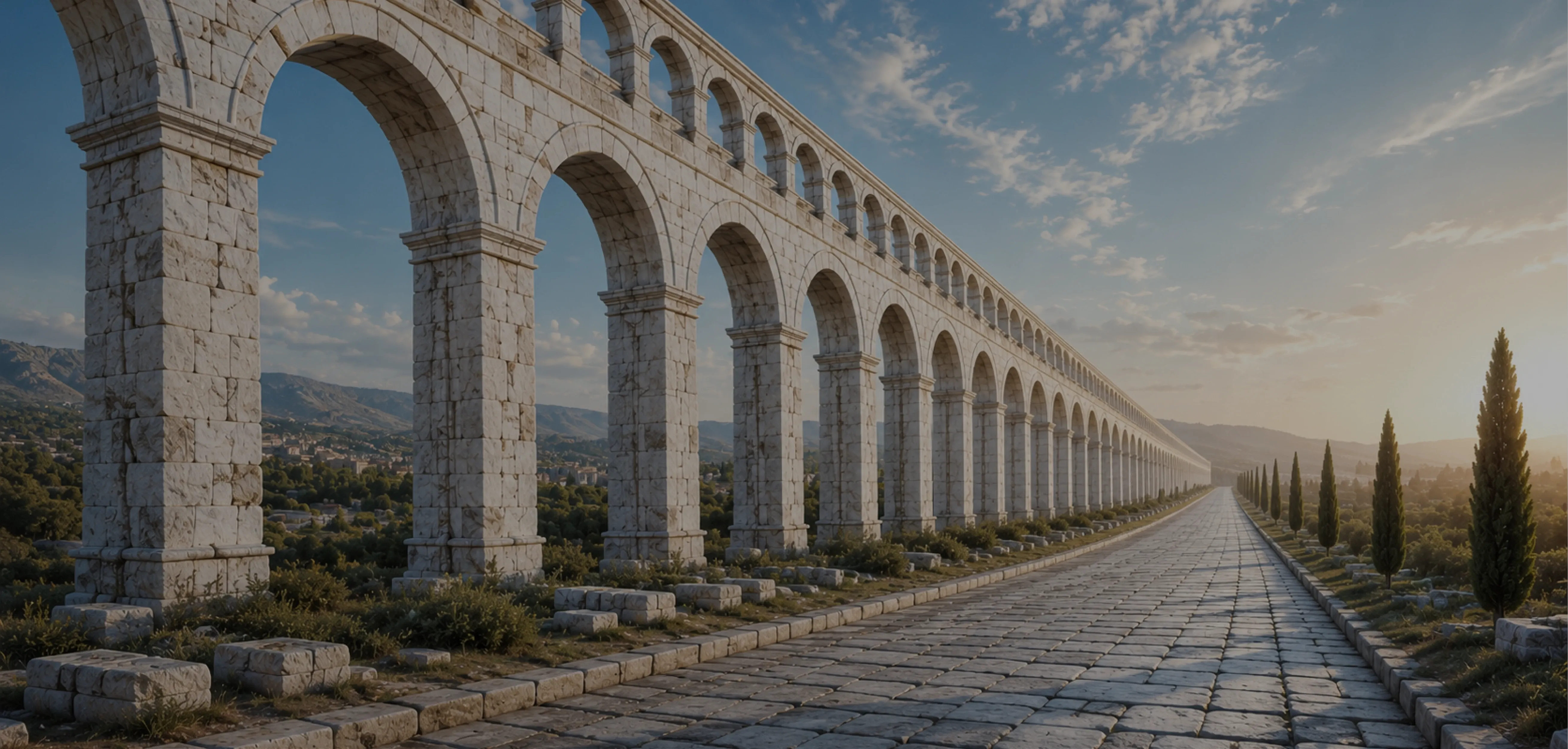 3PL fulfillment software development services built on durable, lasting architecture Marble Roman aqueduct and paved road stretching into the distance, symbolizing the durable architecture behind 3PL fulfillment software development services.