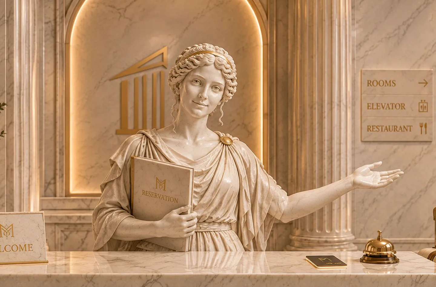 Ancient Greek innkeeper statue holding a digital key card, symbolizing a modern hotel reservation system Ancient Greek innkeeper statue holding a digital key card, symbolizing a modern hotel reservation system