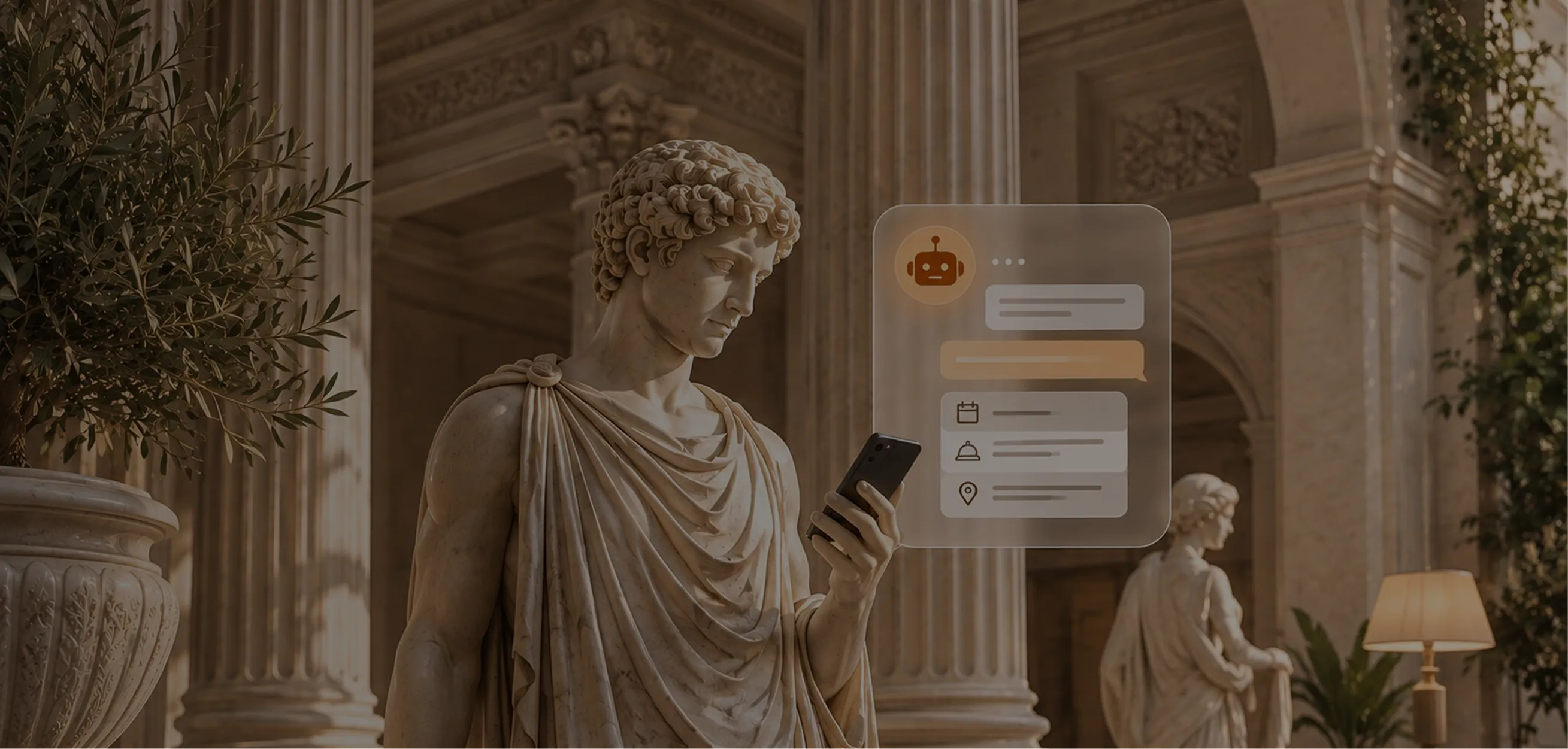 AI chatbot for hotels: personalized guest assistance in a Greco-Roman hotel Marble hotel guest uses an AI chatbot for hotels for personalized assistance in a Greco-Roman inspired hotel lobby.