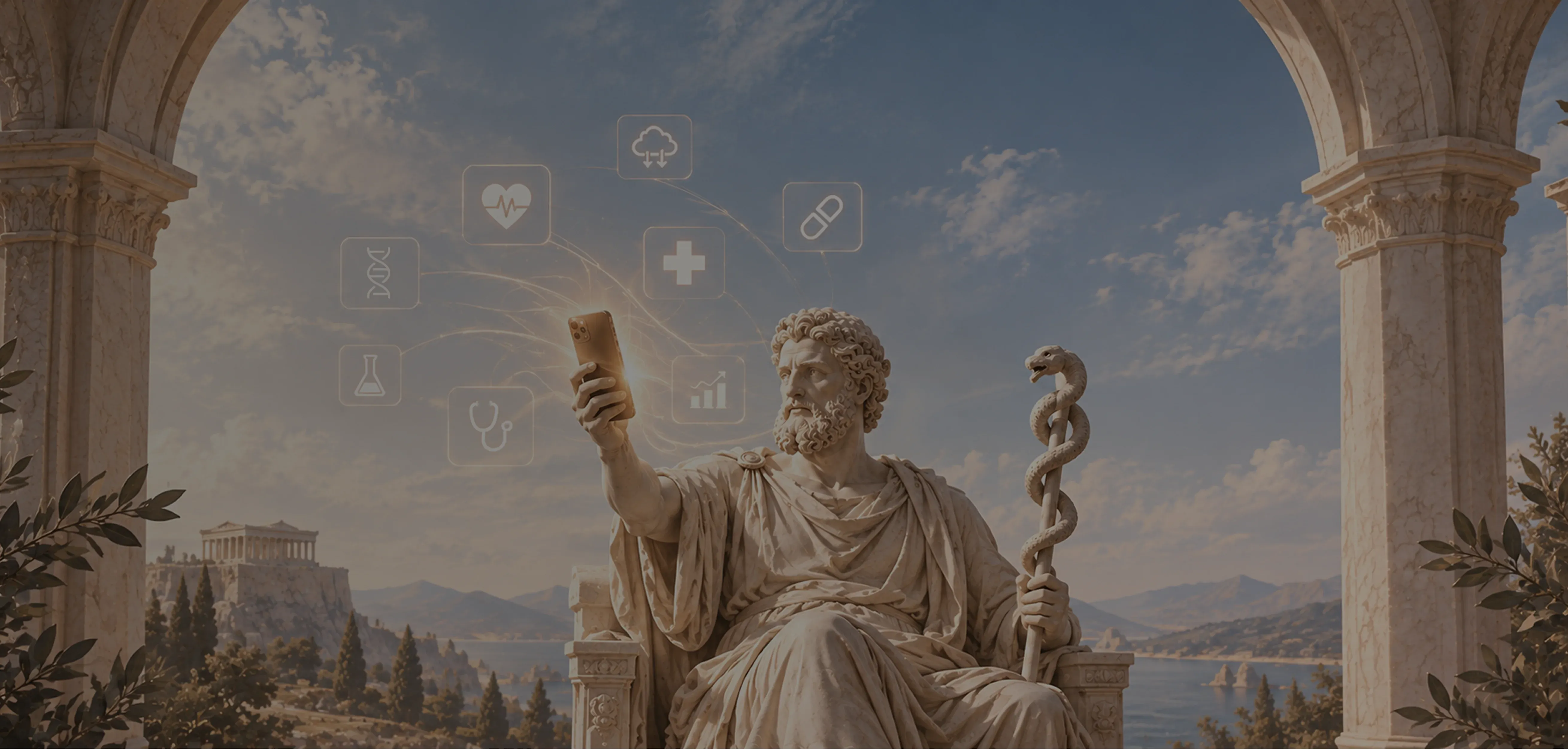 Asclepius enthroned, holding a smartphone amid medtech icons Marble statue of Asclepius holding a glowing smartphone among healthtech icons, for AI in healthcare news 2026
