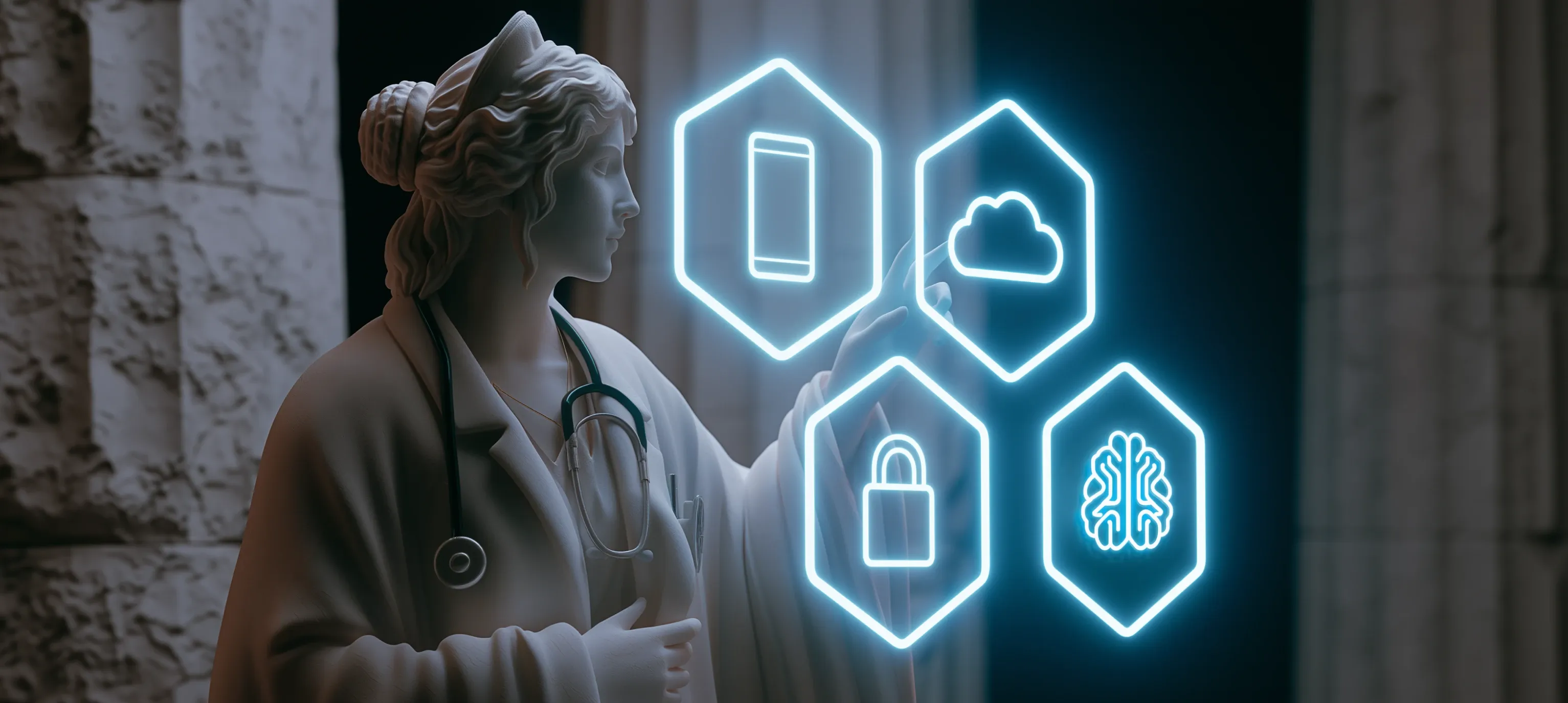 Healthcare IT consulting in 2026: key trends at a glance A classical-style figure in a white medical coat in front of a holographic dashboard showing healthcare 2026 trends.