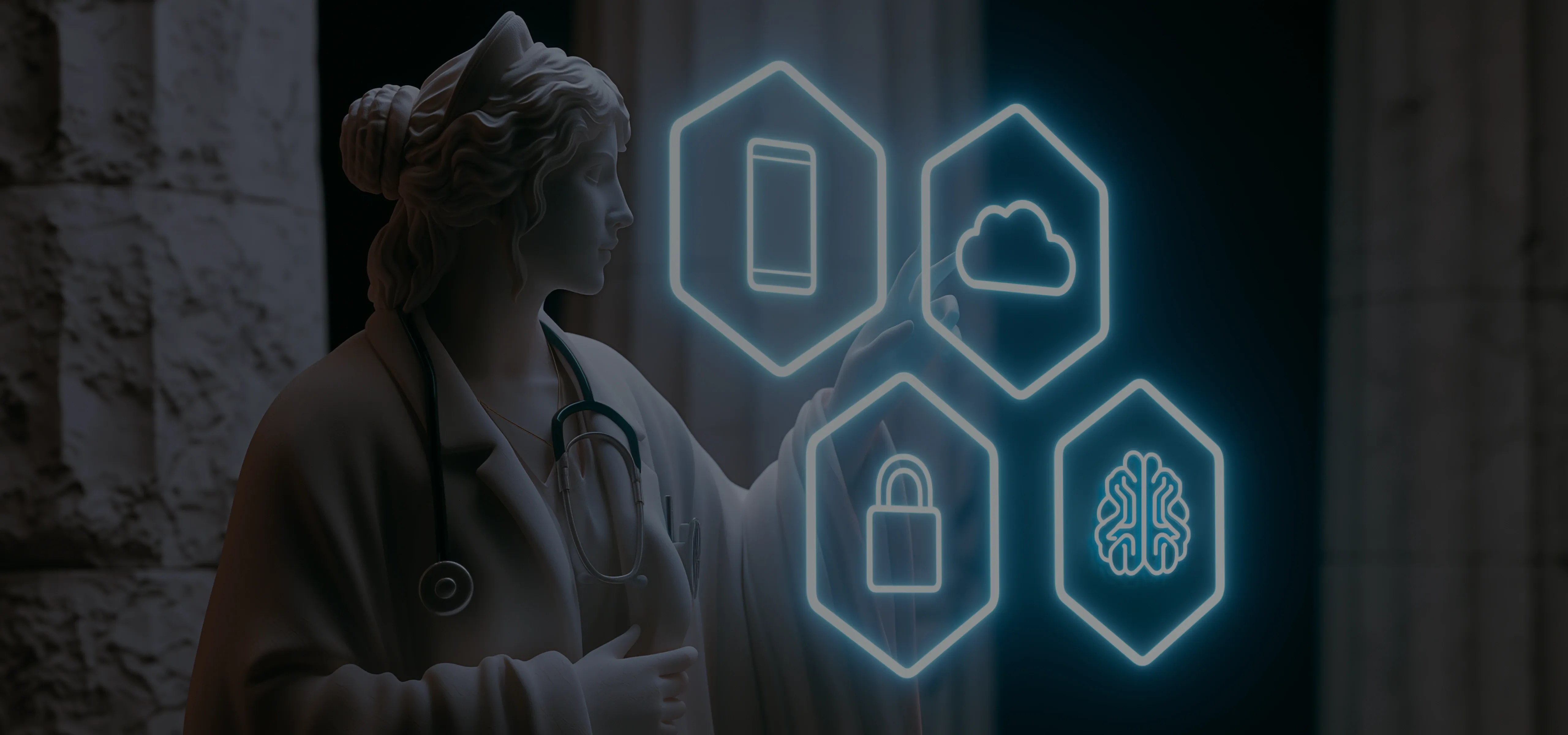 Healthcare IT consulting in 2026: key trends at a glance A classical-style figure in a white medical coat in front of a holographic dashboard showing healthcare 2026 trends.