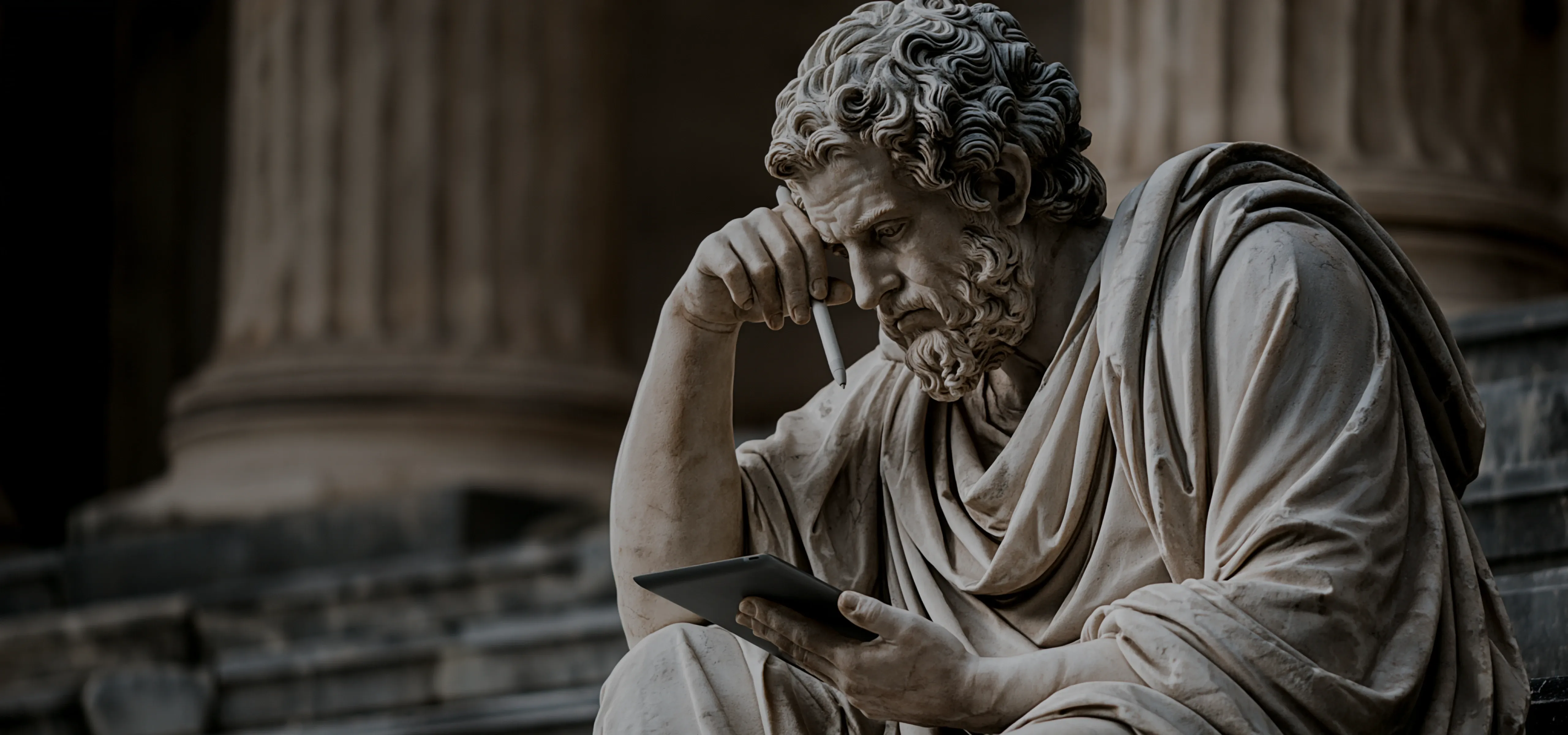 Greek statue reflecting on the challenge of choosing a UI/UX design partner Ancient Greek statue sitting and reflecting, representing the complexity of choosing a design partner