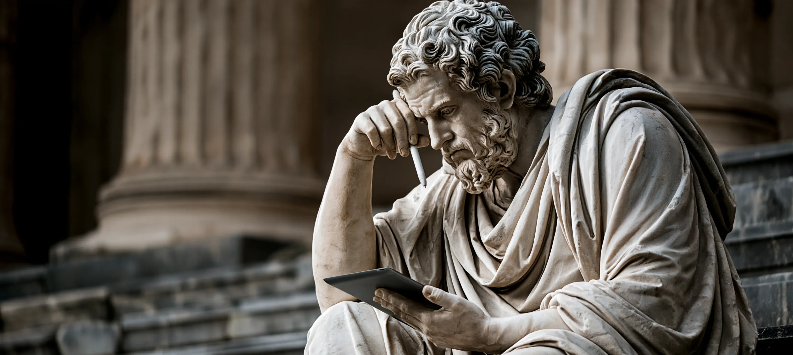 Greek statue reflecting on the challenge of choosing a UI/UX design partner Ancient Greek statue sitting and reflecting, representing the complexity of choosing a design partner