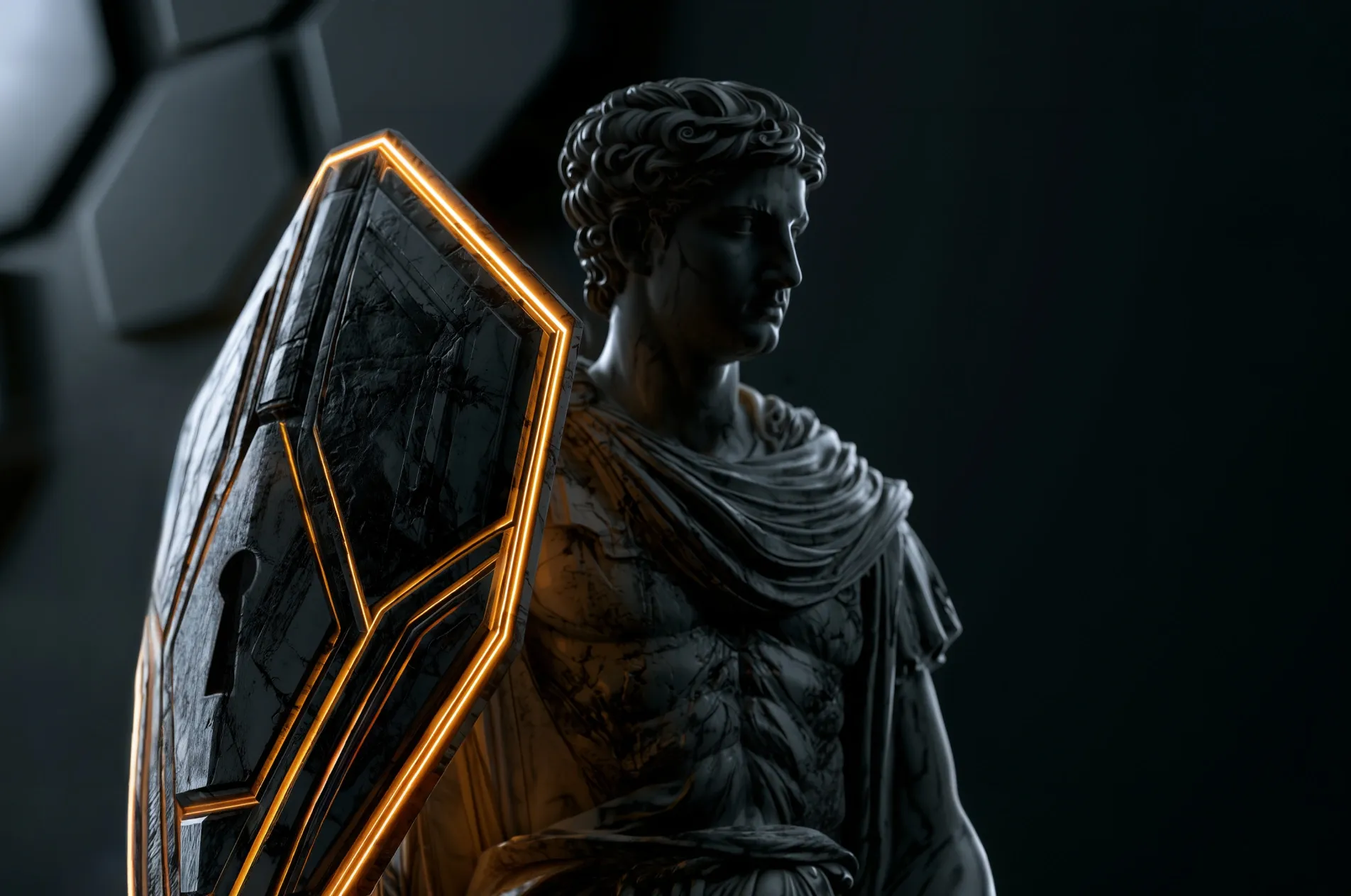 A Greek statue holding a shield with a lock icon, representing the protection and security of Modsen software products and services