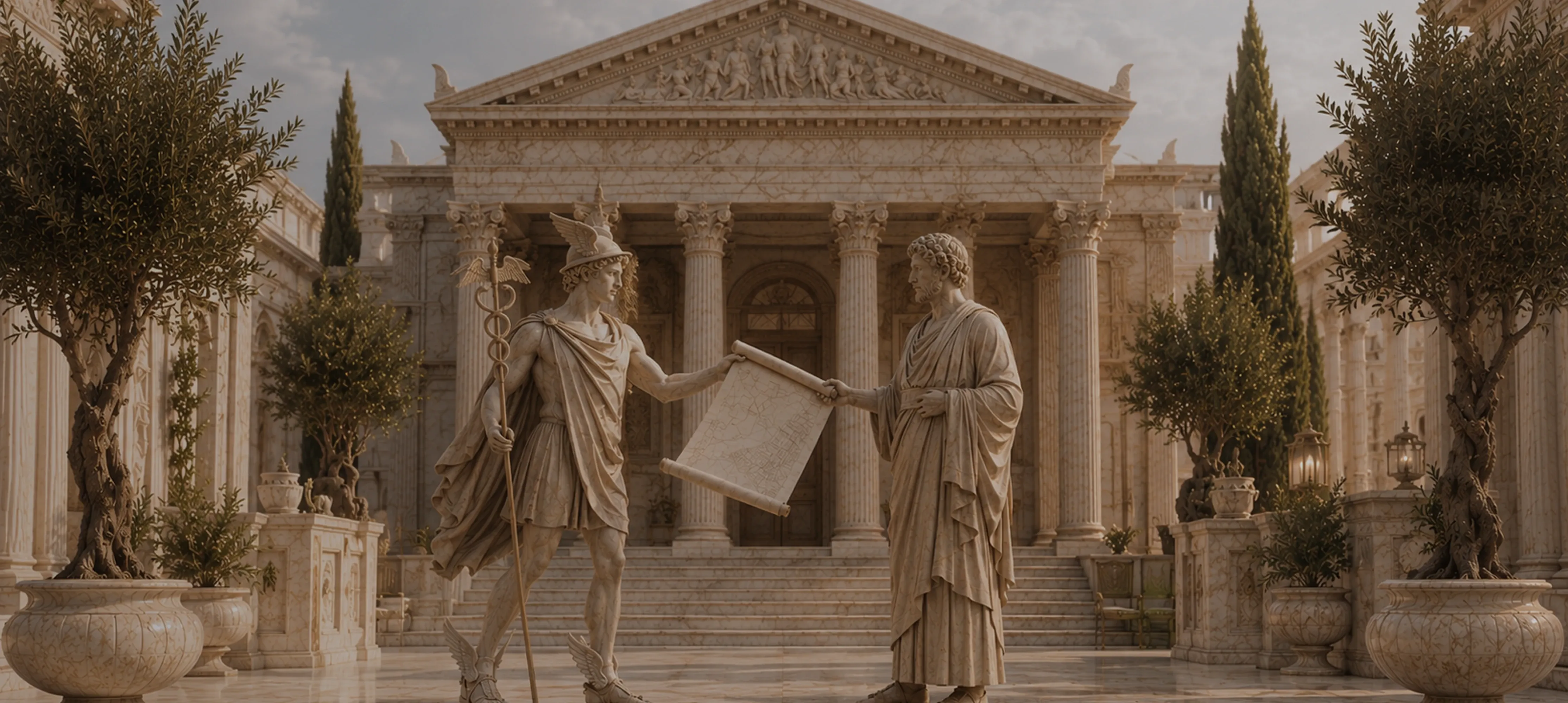 Ancient Greek marble scene of Hermes giving a route-map scroll to an inn host, illustrating IT consulting for hospitality Ancient Greek marble scene of Hermes giving a route-map scroll to an inn host, illustrating IT consulting for hospitality