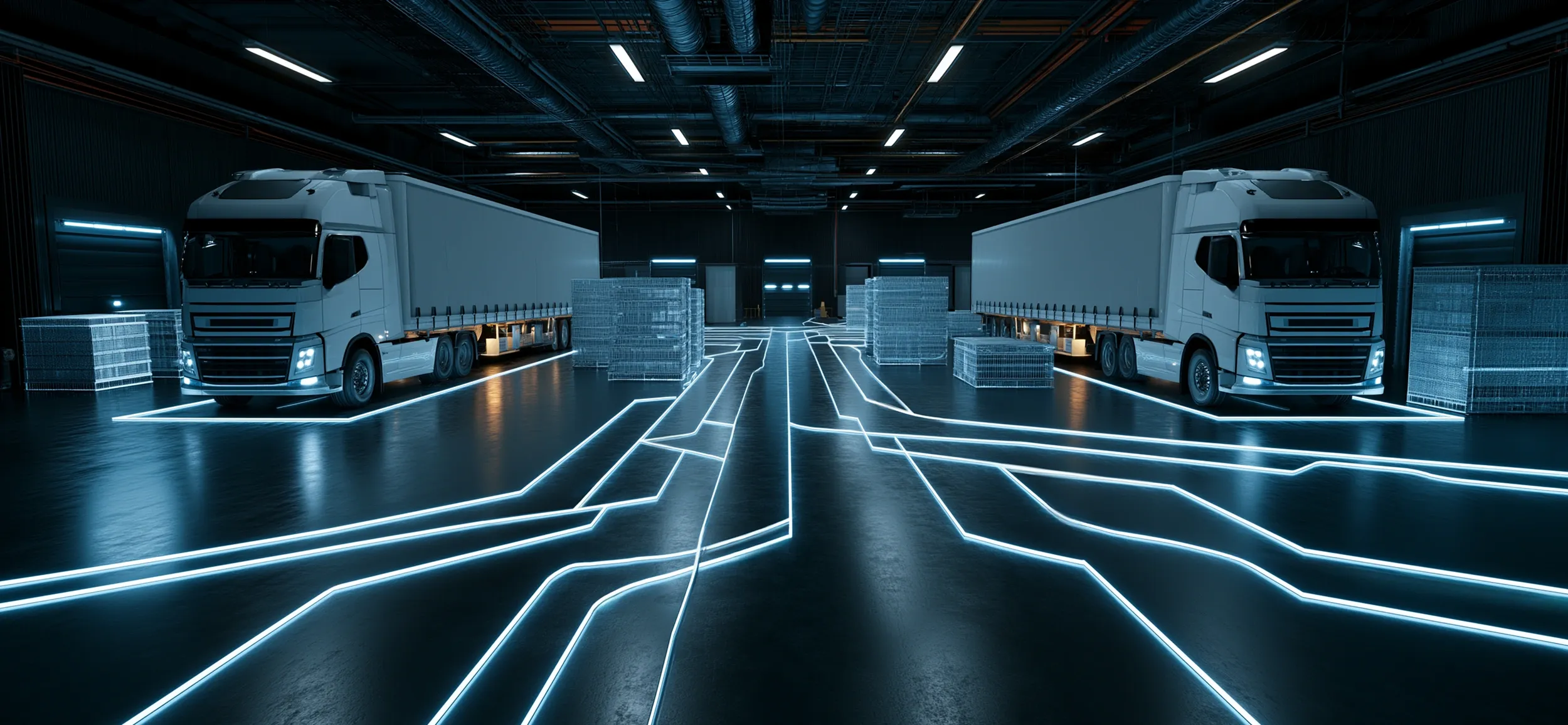 3D render of a grey map with miniature trucks and cargo boxes linked by glowing supply routes, illustrating a logistics management software network 3D render of a grey map with miniature trucks and cargo boxes linked by glowing supply routes, illustrating a logistics management software network