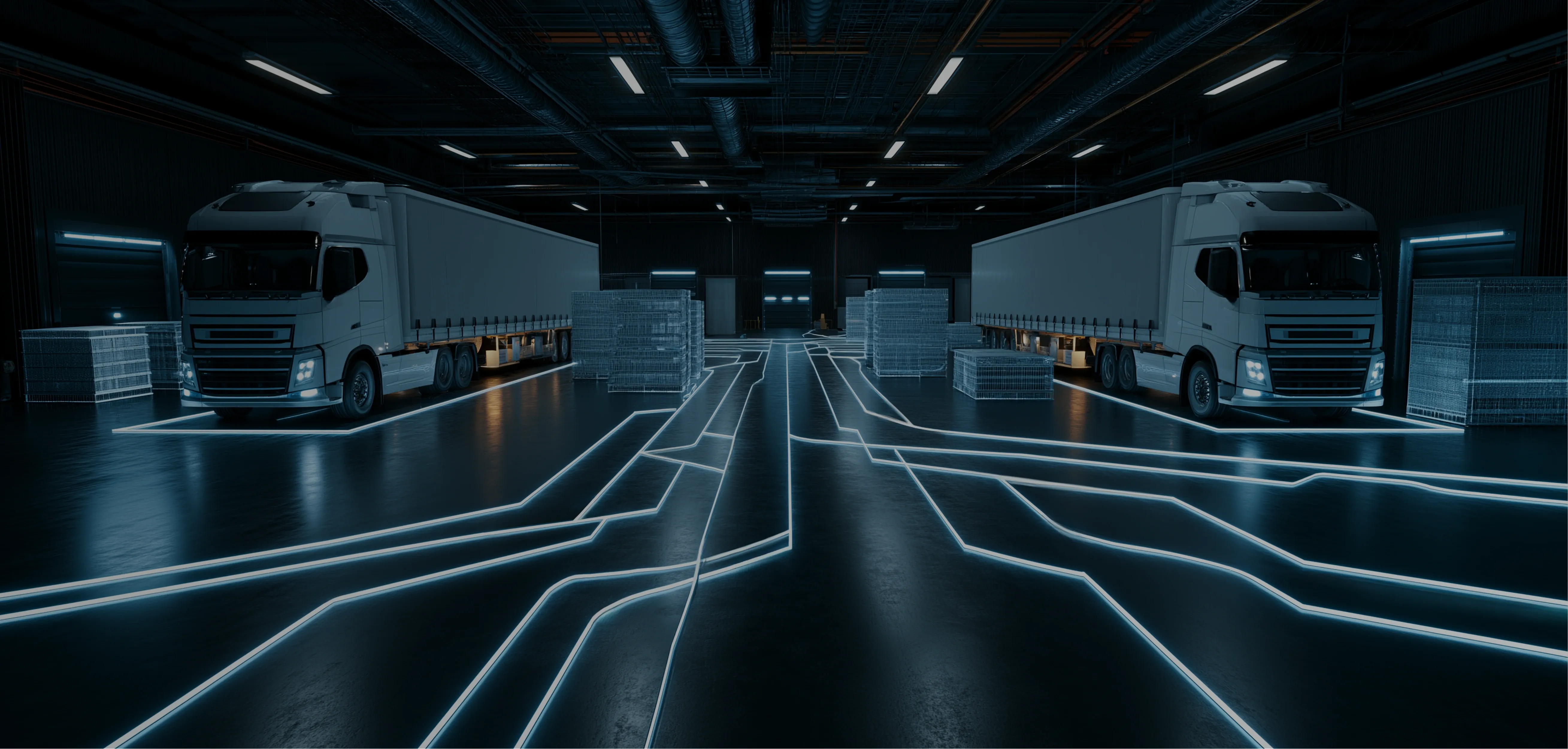 Logistics management software connecting carriers, warehouses and routes 3D render of a grey map with miniature trucks and cargo boxes linked by glowing supply routes, illustrating a logistics management software network