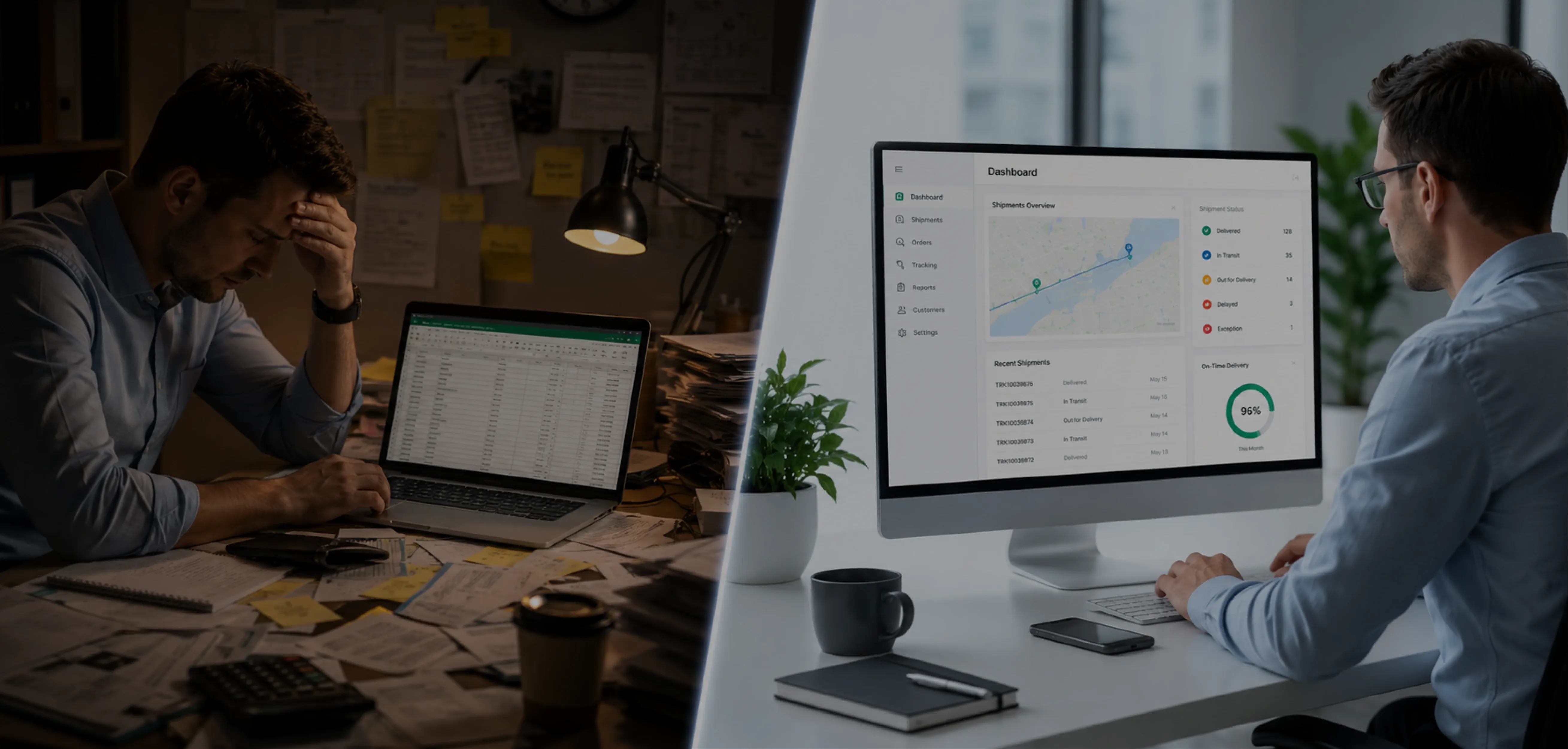 Logistics software for small business: from spreadsheet to system Logistics software for small business: Excel spreadsheet compared with a modern delivery dashboard featuring map and shipment tracking.