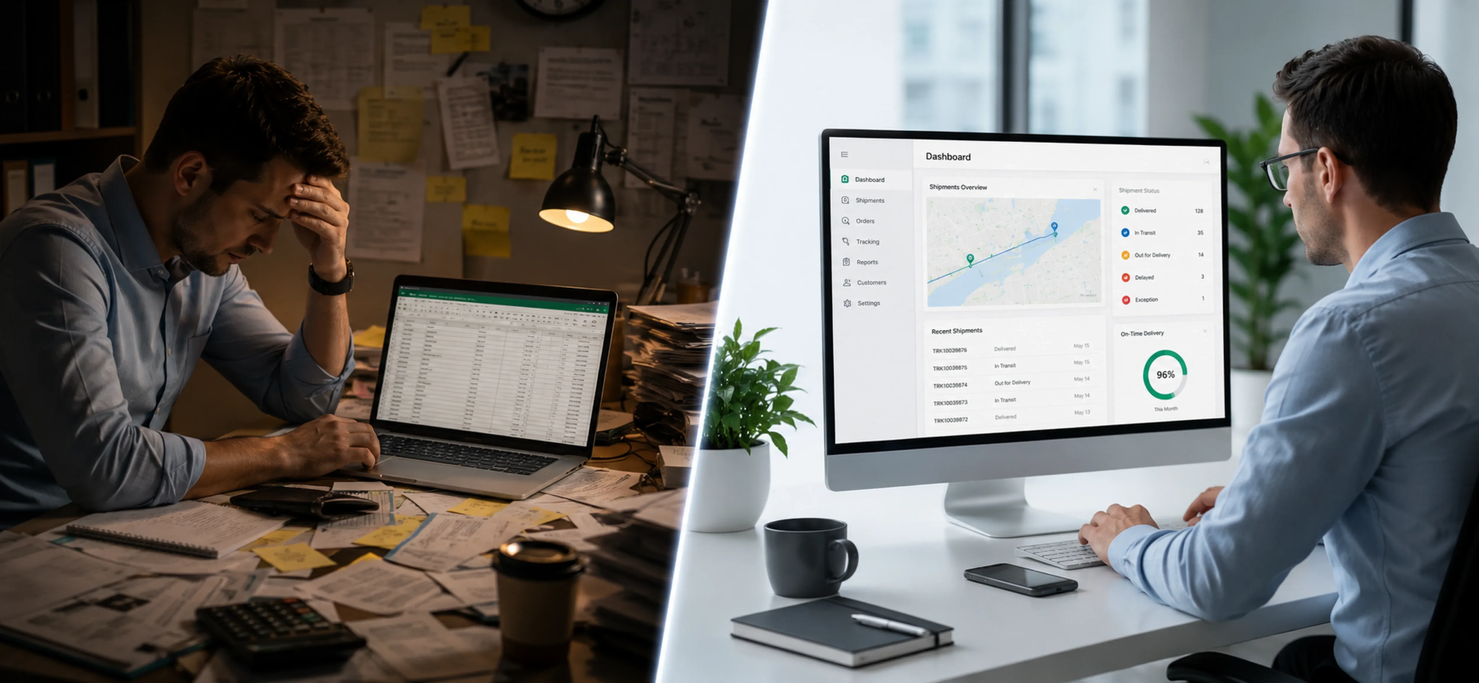 Logistics software for small business: Excel spreadsheet compared with a modern delivery dashboard featuring map and shipment tracking. Logistics software for small business: Excel spreadsheet compared with a modern delivery dashboard featuring map and shipment tracking.