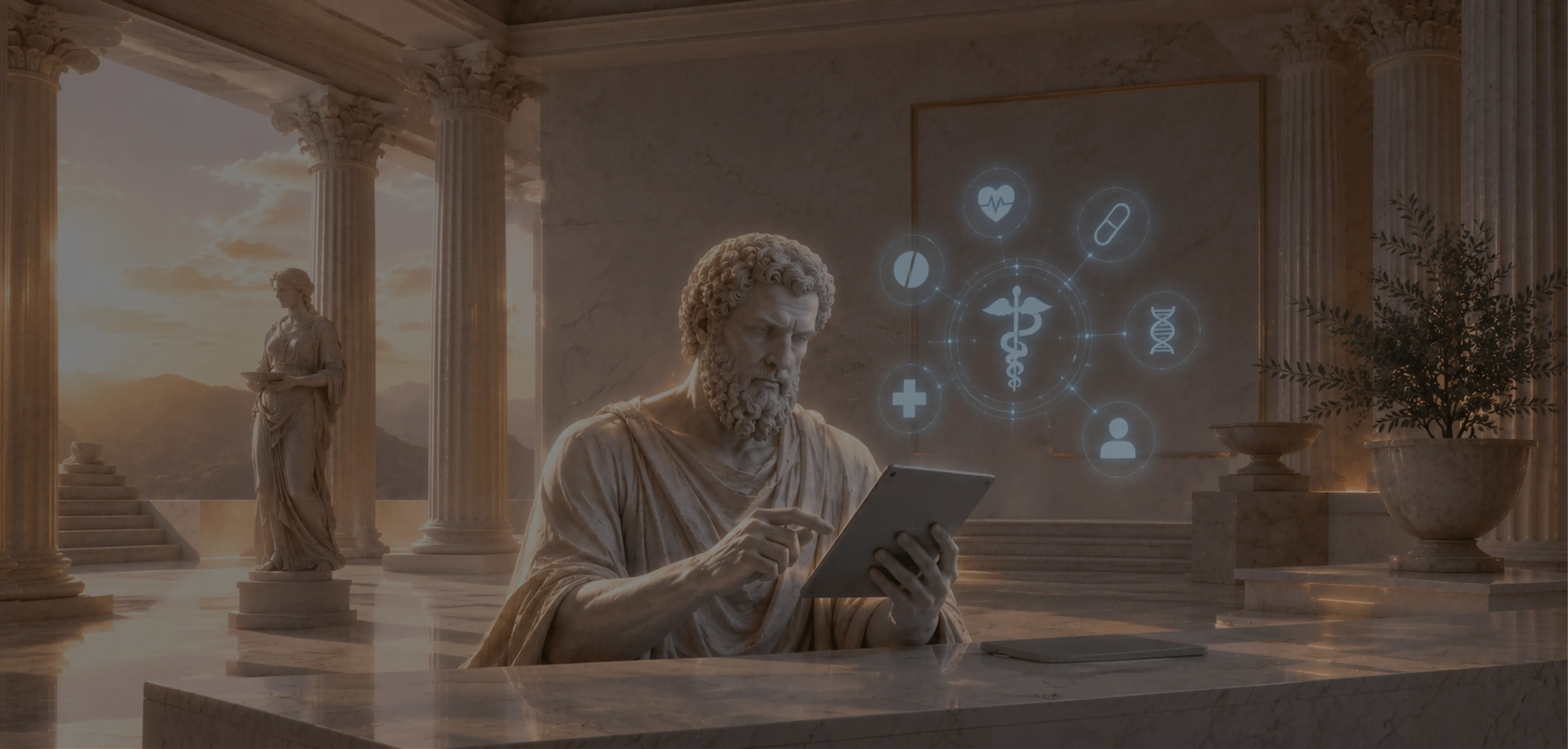 Medical software development services in 2026: build vs buy decision guide Marble statue of a Greek philosopher using a tablet with medical icons and a Rod of Asclepius, illustrating medical software development services