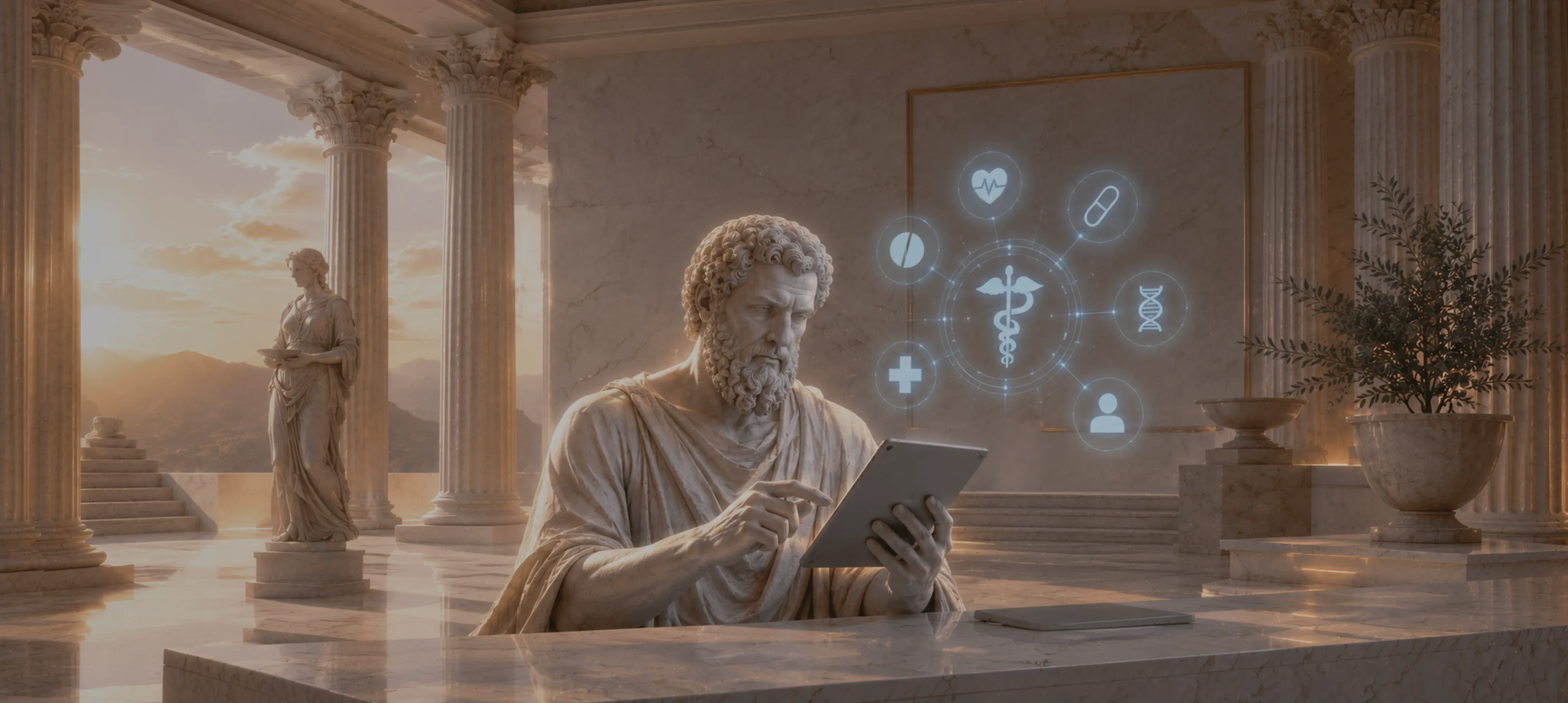 Marble statue of a Greek philosopher using a tablet with medical icons and a Rod of Asclepius, illustrating medical software development services Marble statue of a Greek philosopher using a tablet with medical icons and a Rod of Asclepius, illustrating medical software development services