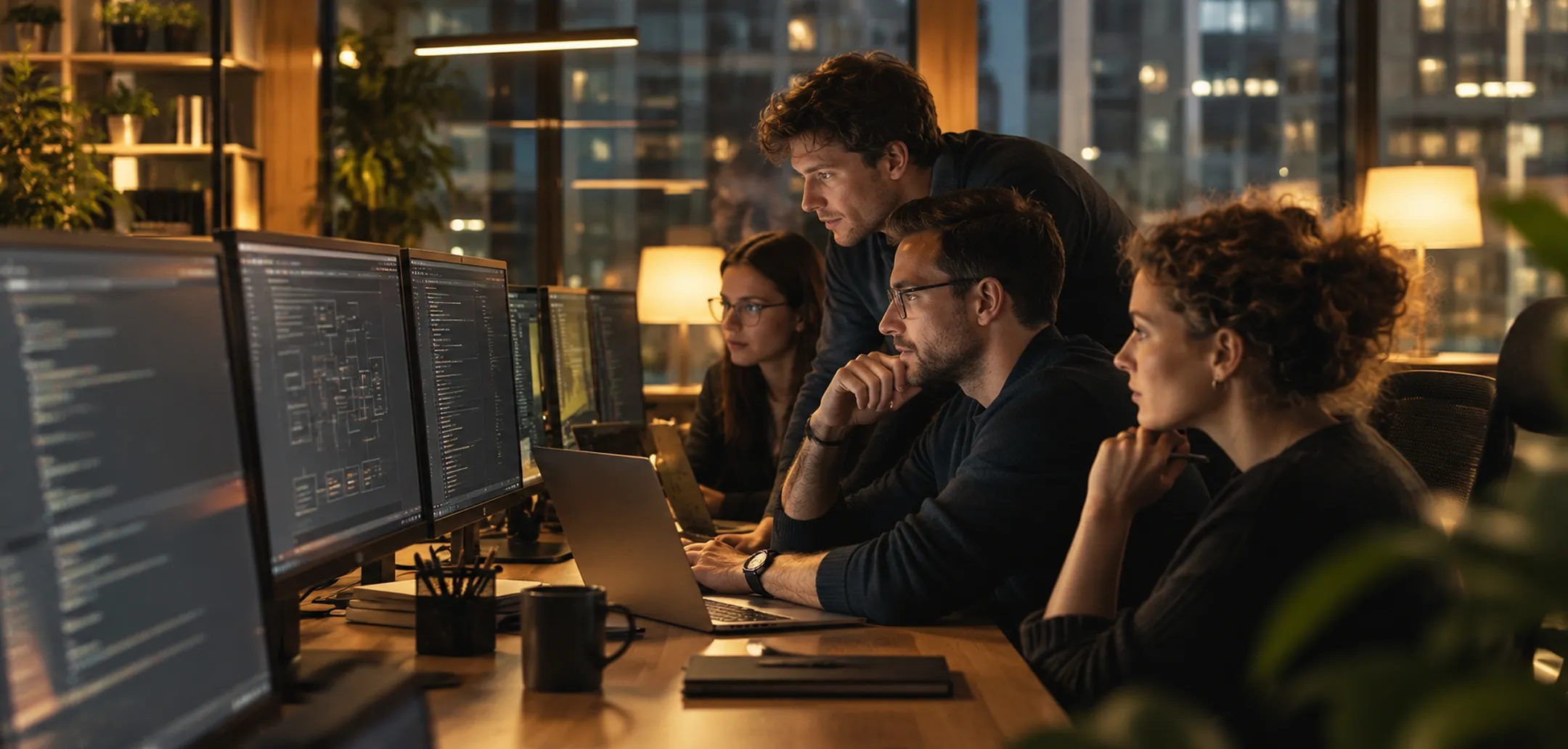 Software engineers discussing project architecture Software engineers discussing project architecture while reviewing code on a monitor