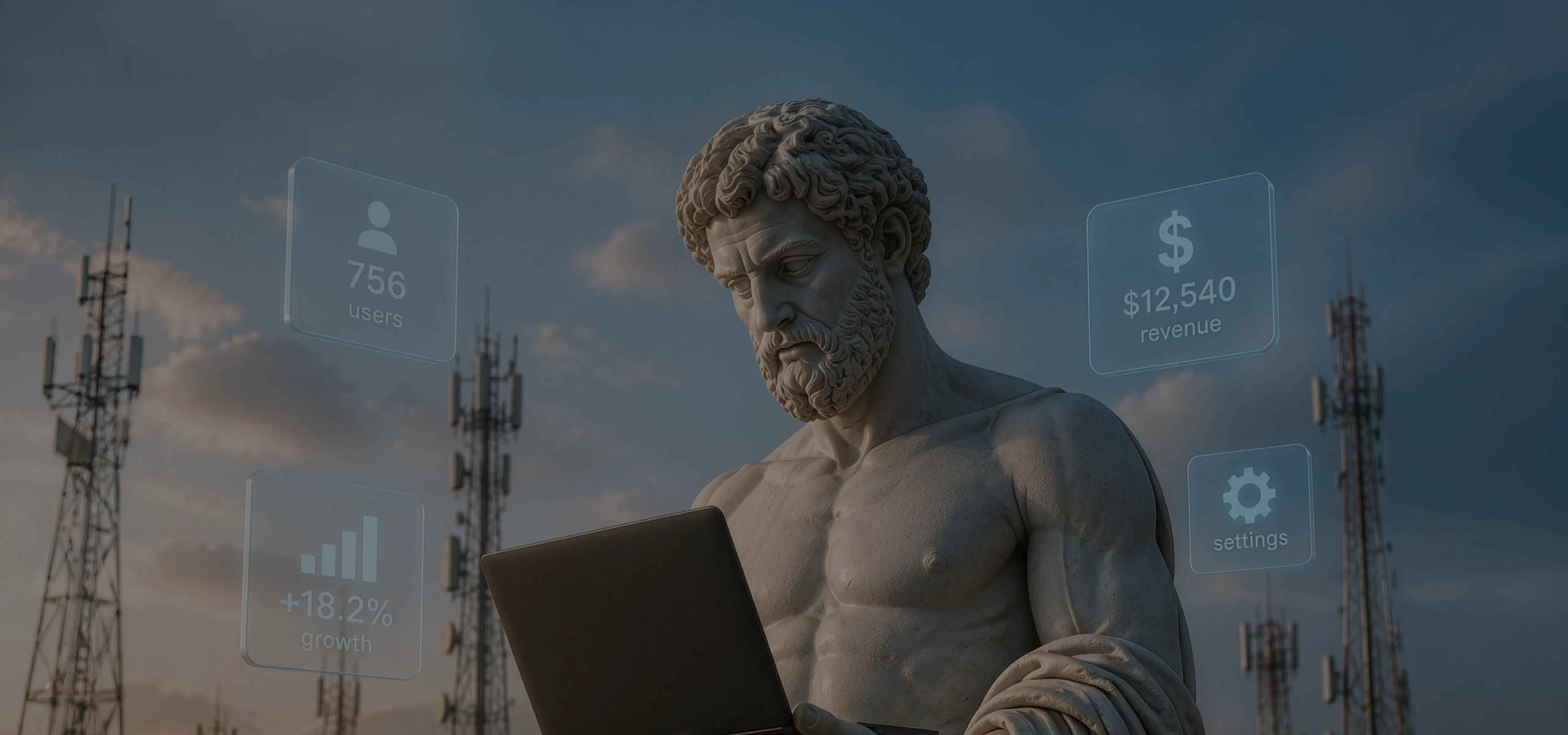 Marble globe with bronze telecom towers, signal waves, and satellites linked by glowing arcs. Marble globe with telecom towers, satellites and signal links, symbolizing connected telecom enterprise software solutions.
