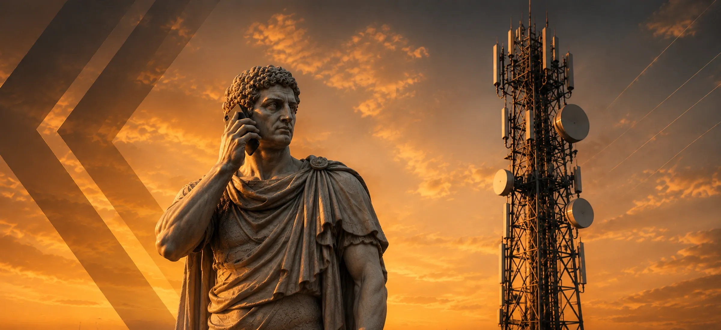 An ancient statue on the phone, a telecom tower rising behind it. An ancient statue on the phone, a telecom tower rising behind it.