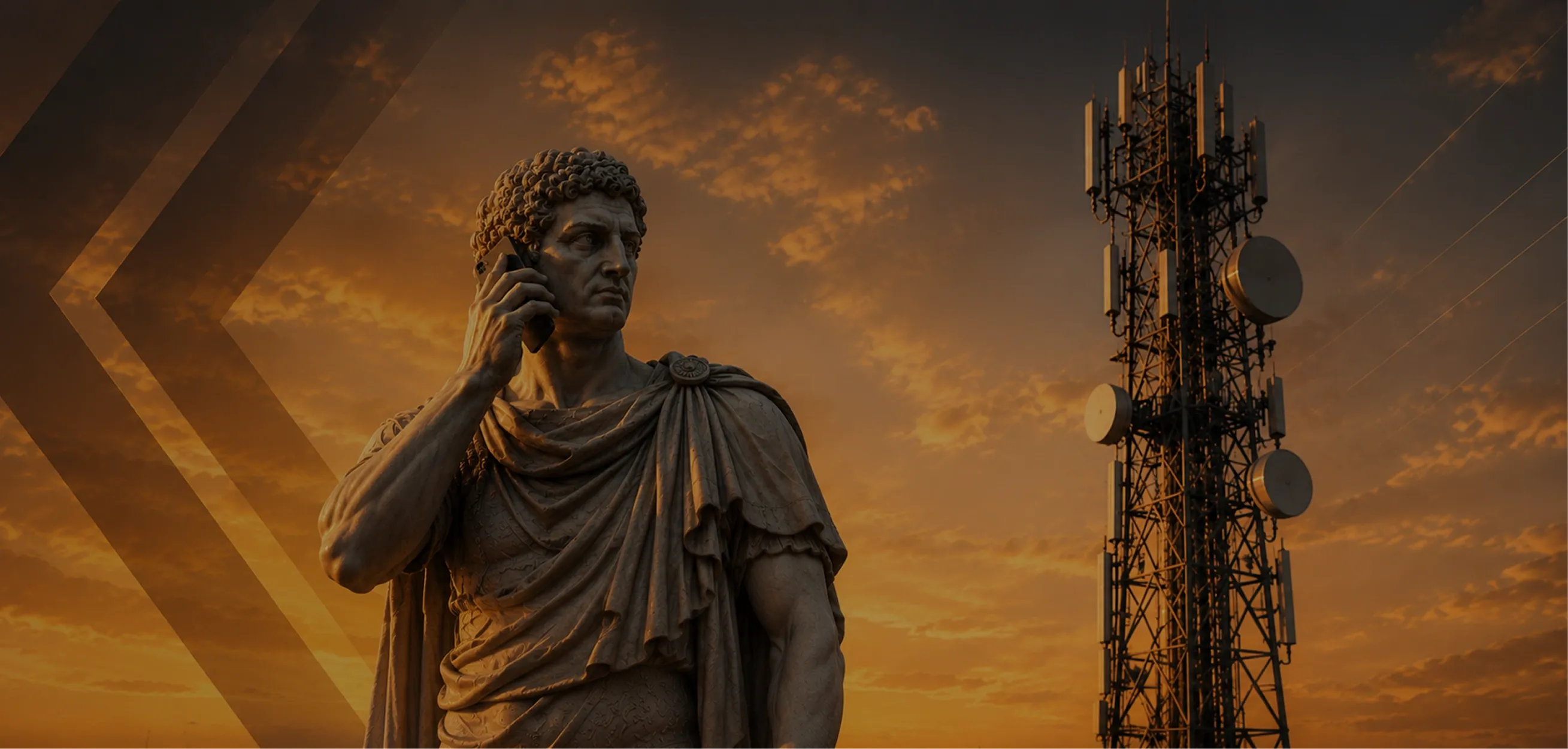 Telecommunication software: buyer's guide An ancient statue on the phone, a telecom tower rising behind it.