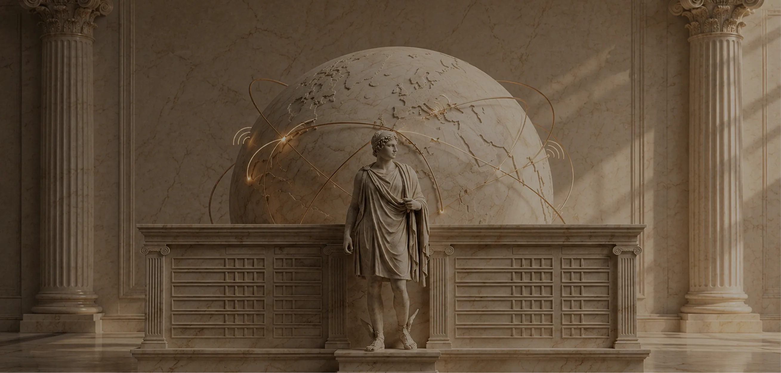 Marble traveller figure with bronze flight-path arcs Marble statue of a winged traveller with bronze flight arcs, illustrating travel and hospitality industry trends in 2026.