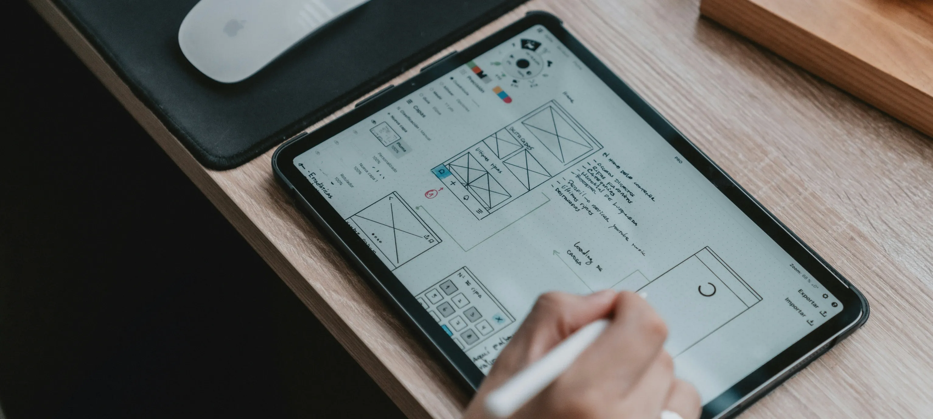 Creating a Design Project Plan on a Digital Tablet Designer drawing and planning a design project on a digital tablet, creating layouts and visual concepts for a client project.