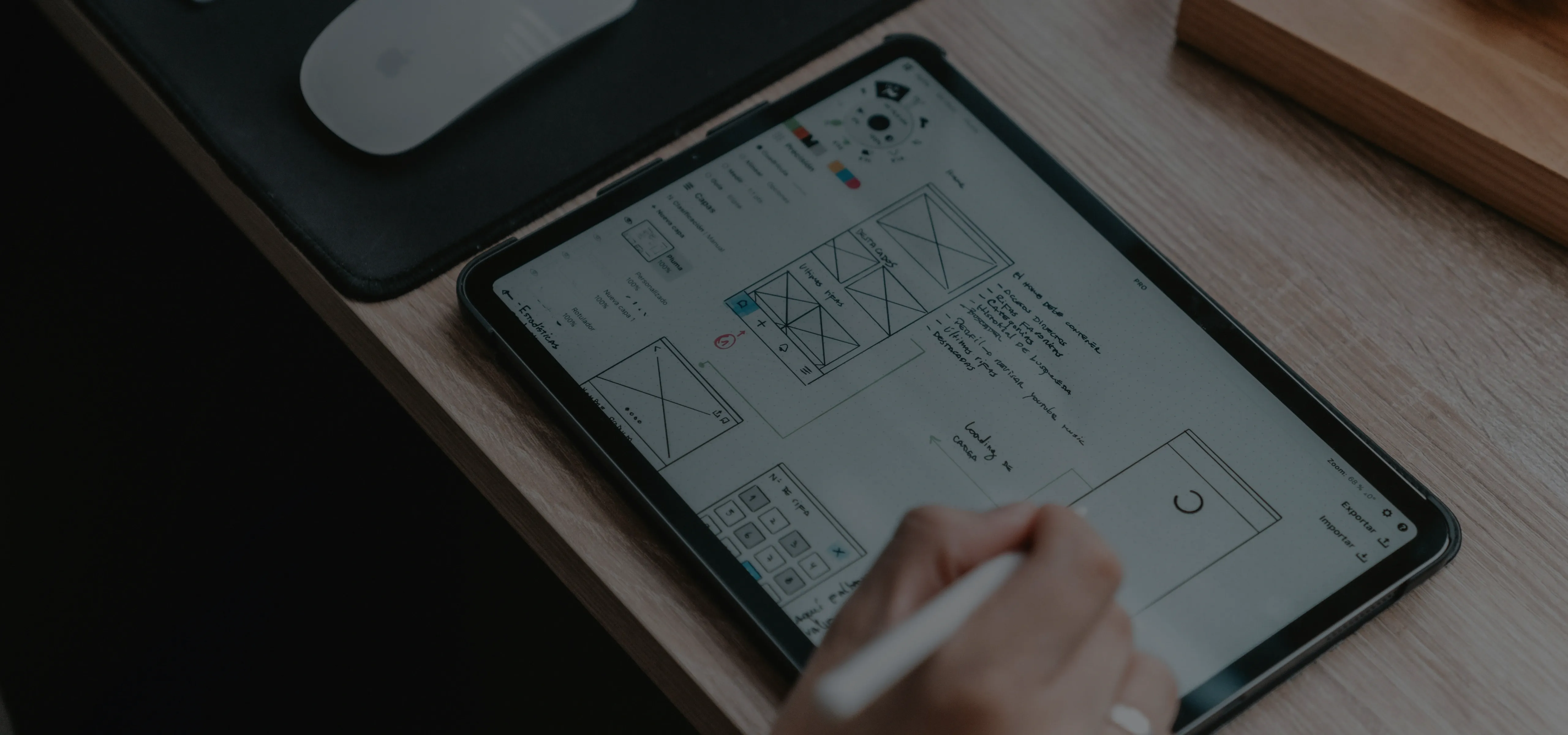 Designer Creating a Design Project Plan on a Digital Tablet Designer drawing and planning a design project on a digital tablet, creating layouts and visual concepts for a client project.