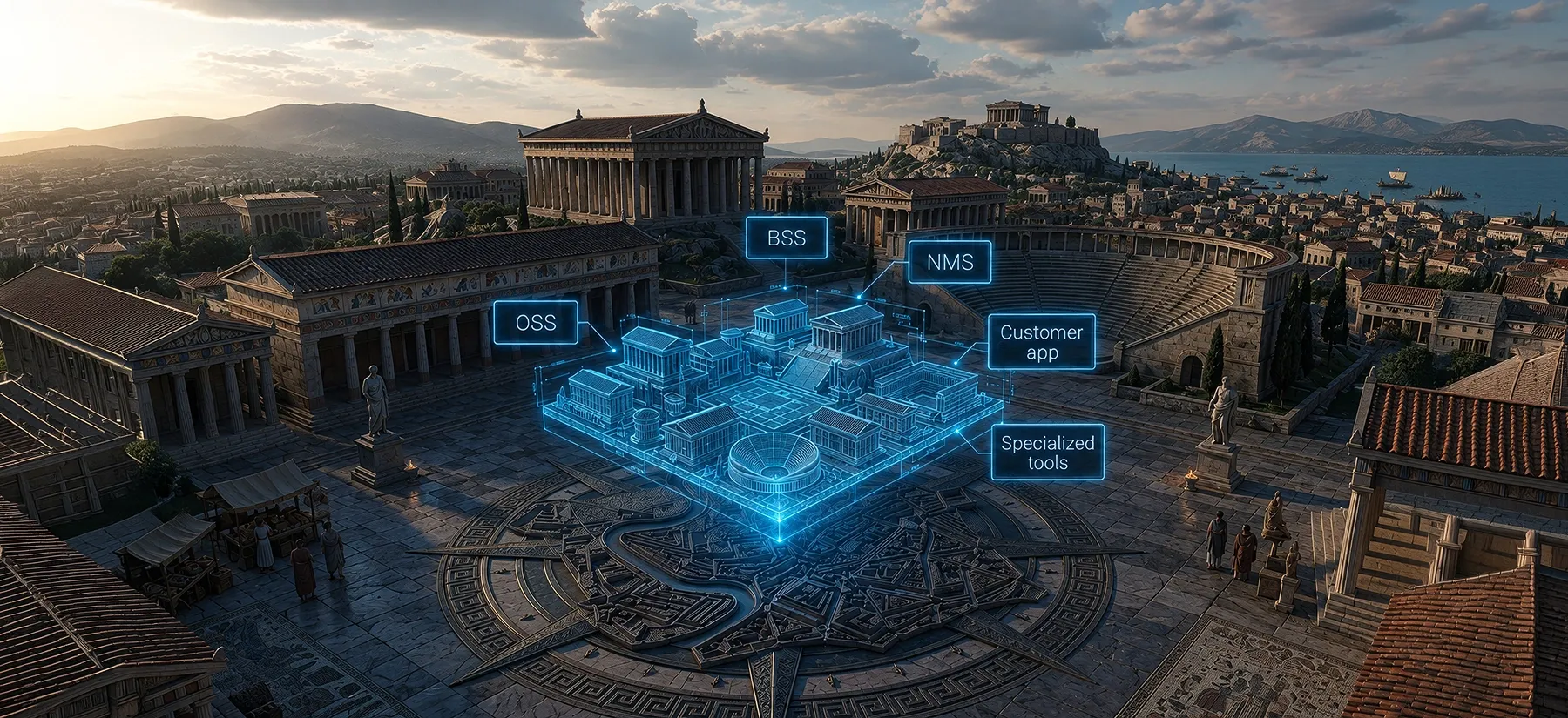 Digital Roman forum illustrating telecom software architecture with OSS, BSS, NMS, customer app and specialized tools. Digital Roman forum illustrating telecom software architecture with OSS, BSS, NMS, customer app and specialized tools.